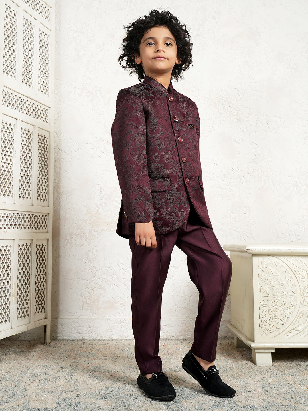 Maroon Embroidered Jacquard Sherwani for Boys