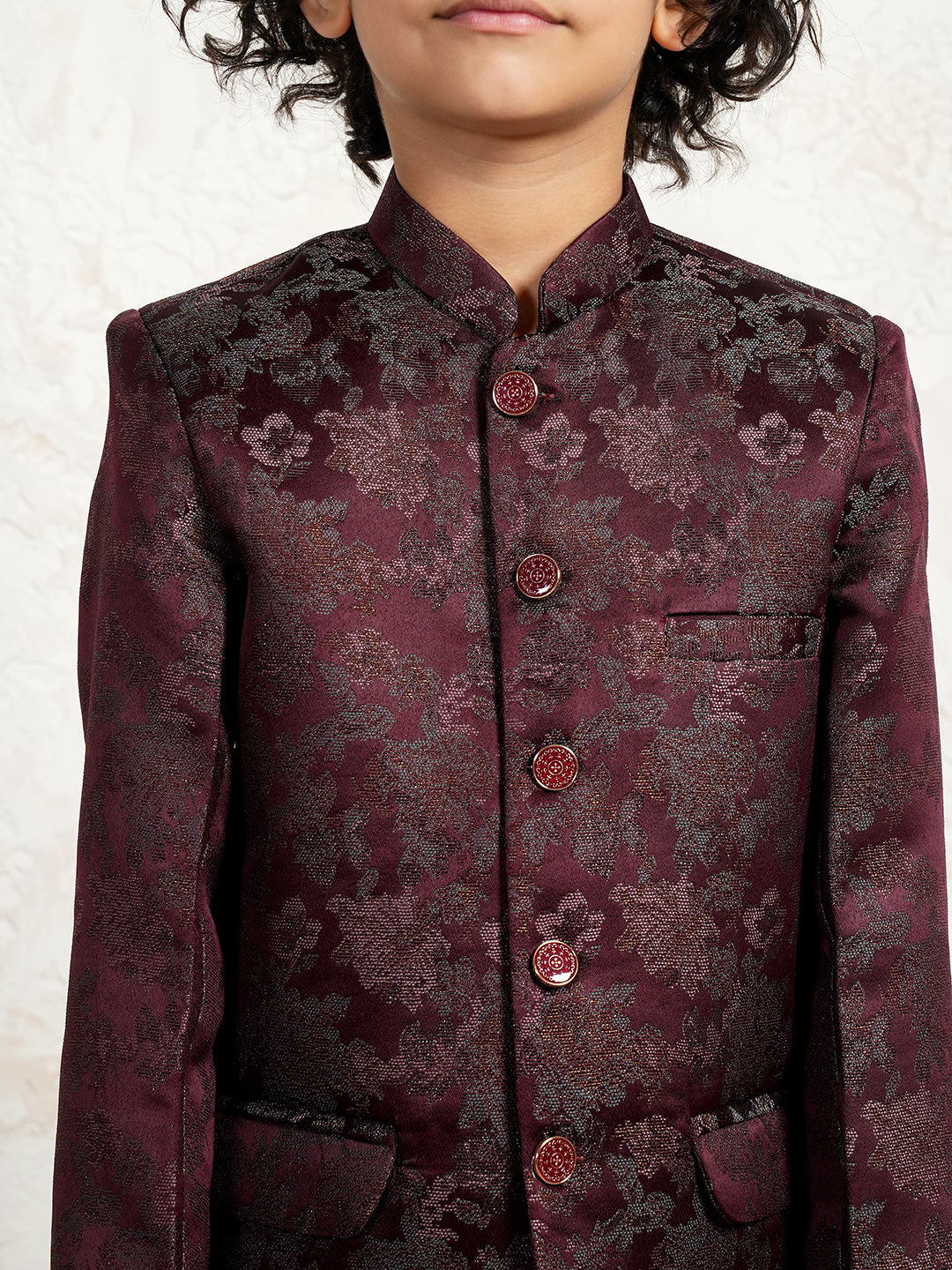 Maroon Embroidered Jacquard Sherwani for Boys
