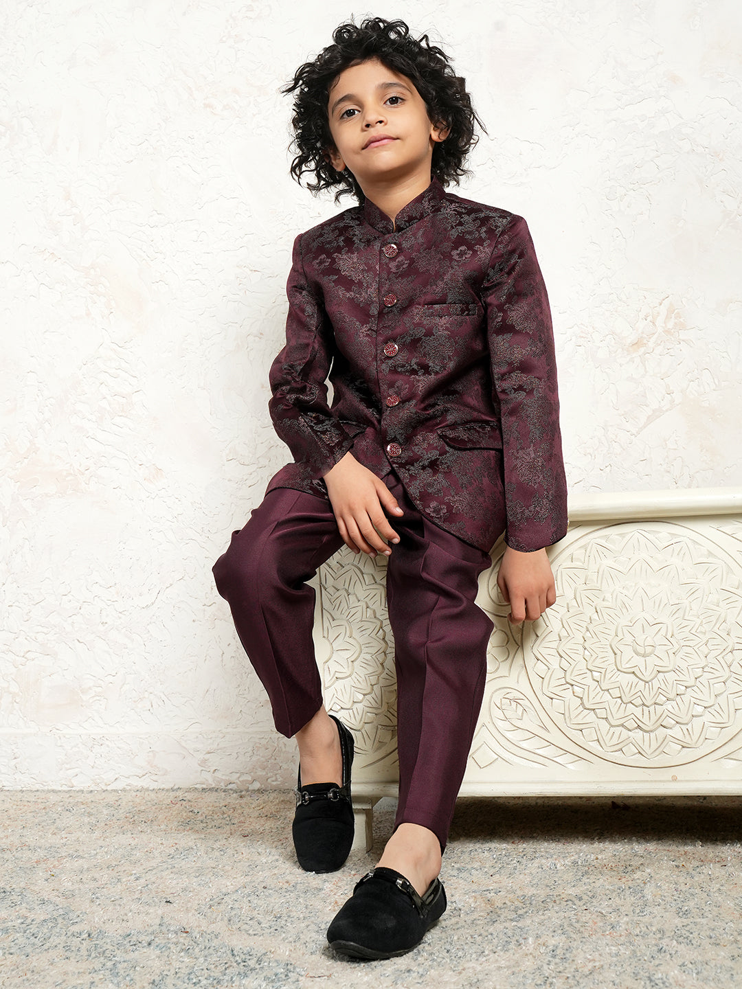 AJ Dezines Maroon Jacquard Full Sleeves Sequins and Embroidery Sherwani