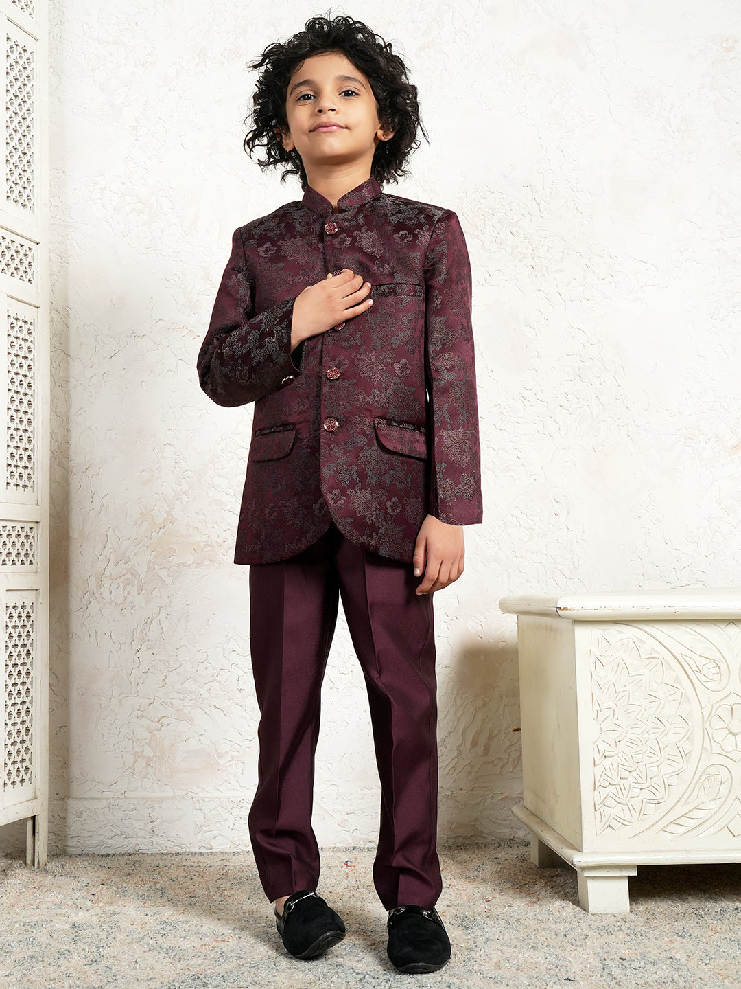 Maroon Embroidered Jacquard Sherwani for Boys