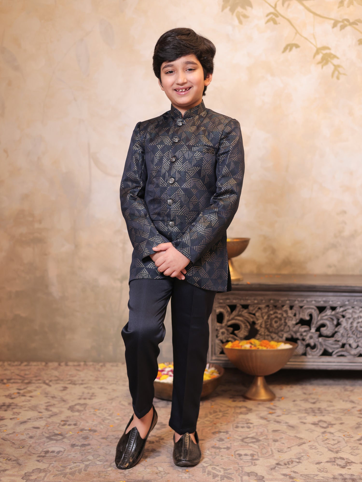 Boys Blue Jacquard Full Sleeves Embroidery Sherwani
