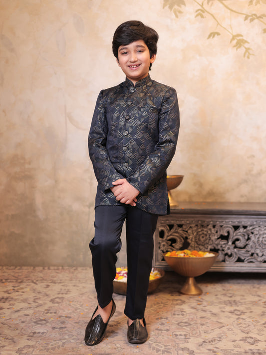 Boys Blue Jacquard Full Sleeves Embroidery Sherwani