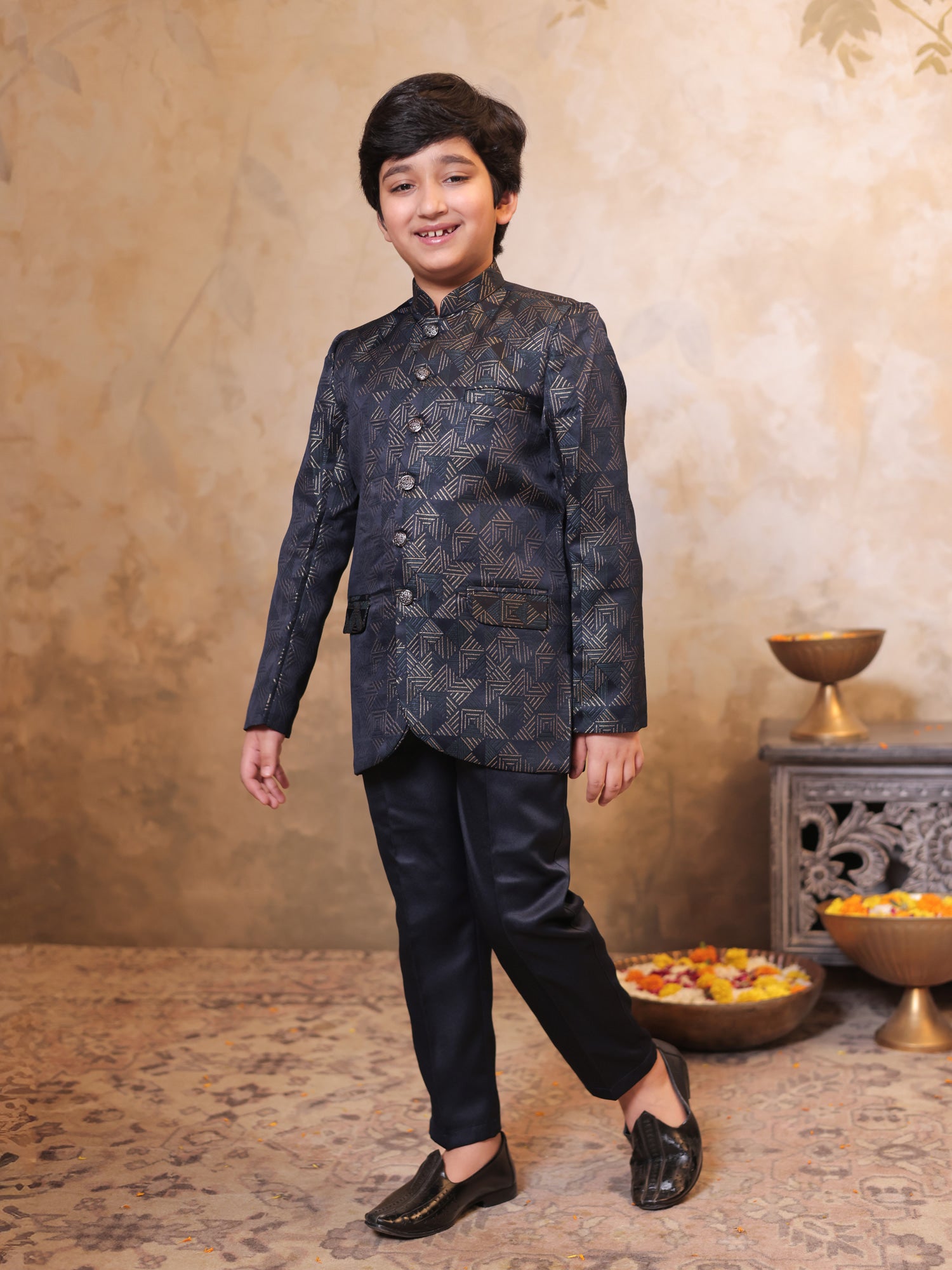 Boys Blue Jacquard Full Sleeves Embroidery Sherwani