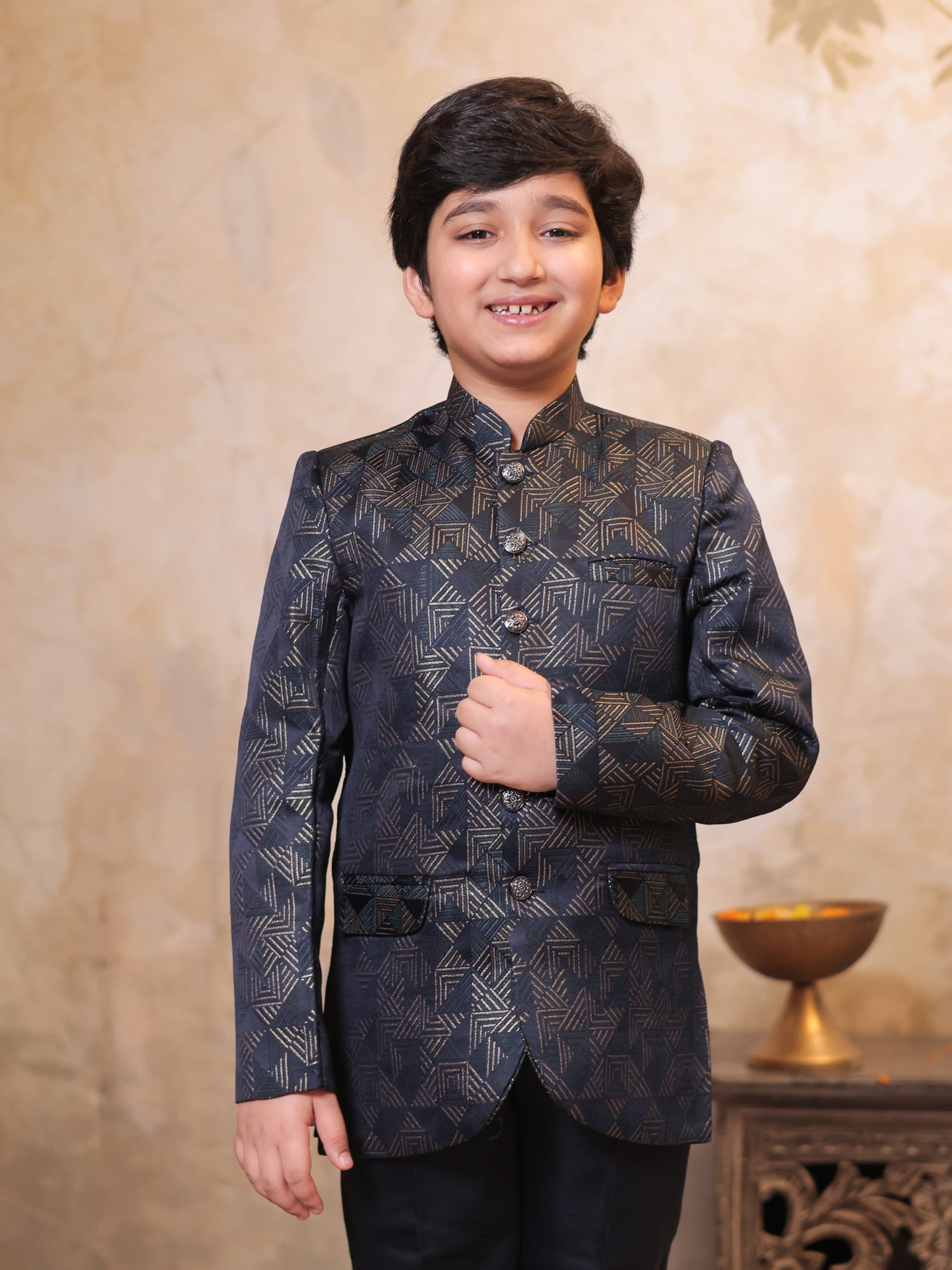 Boys Blue Jacquard Full Sleeves Embroidery Sherwani