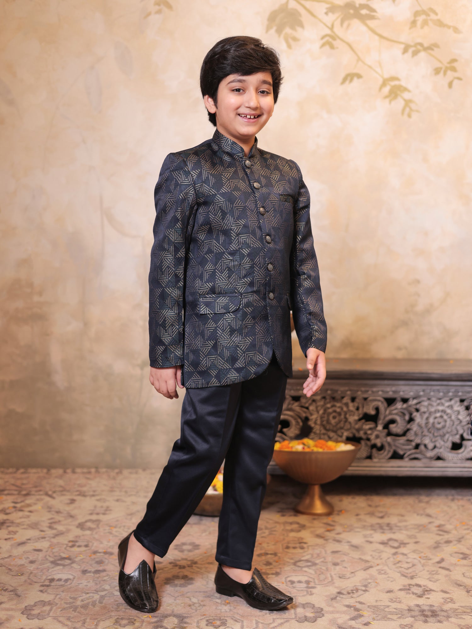 Boys Blue Jacquard Full Sleeves Embroidery Sherwani