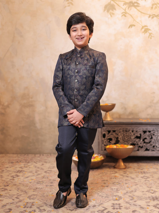 Boys Purple Jacquard Full Sleeves Embroidery Sherwani