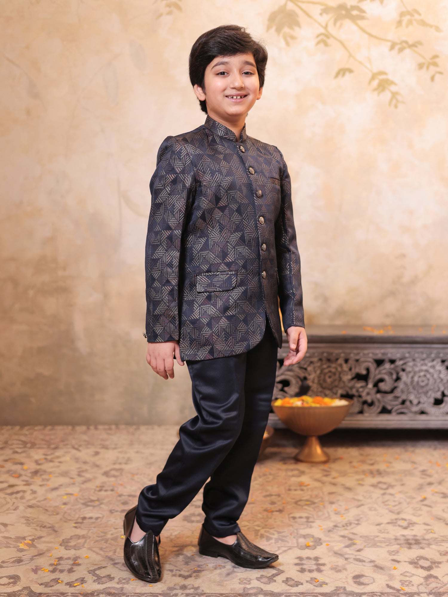 Boys Purple Jacquard Full Sleeves Embroidery Sherwani