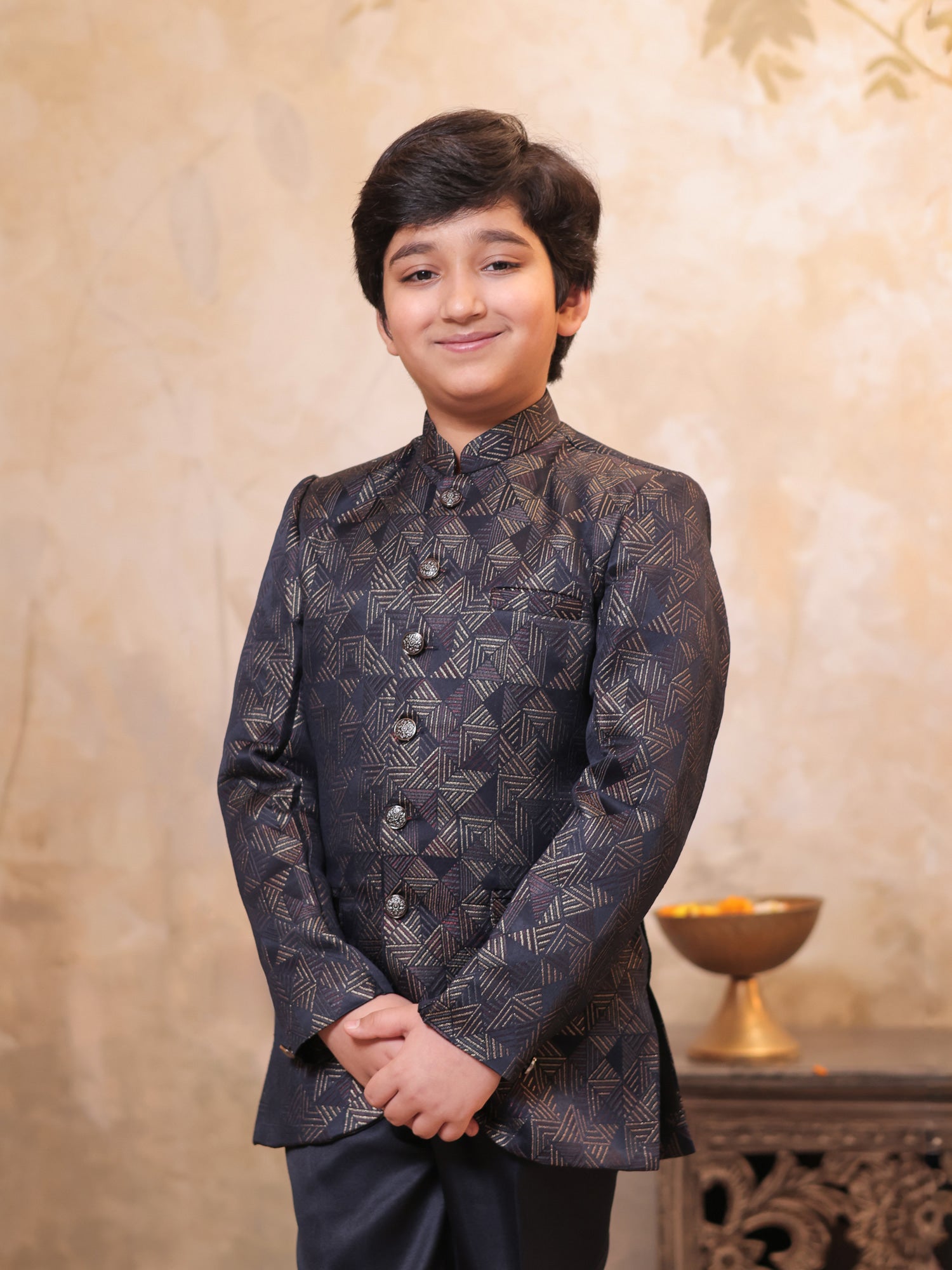 Boys Purple Jacquard Full Sleeves Embroidery Sherwani