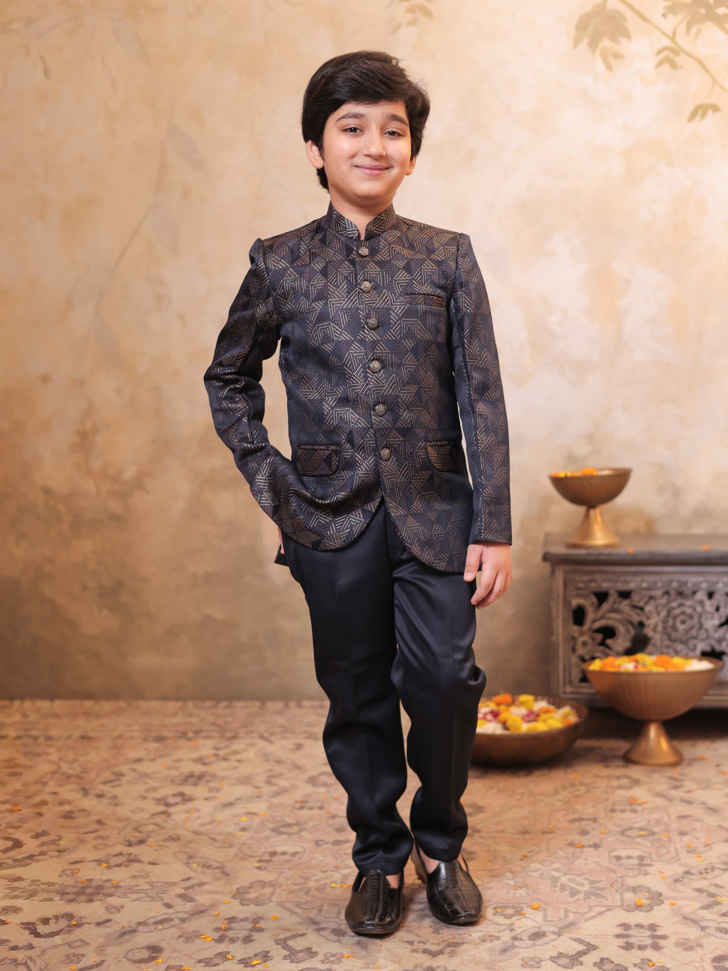 Boys Purple Jacquard Full Sleeves Embroidery Sherwani