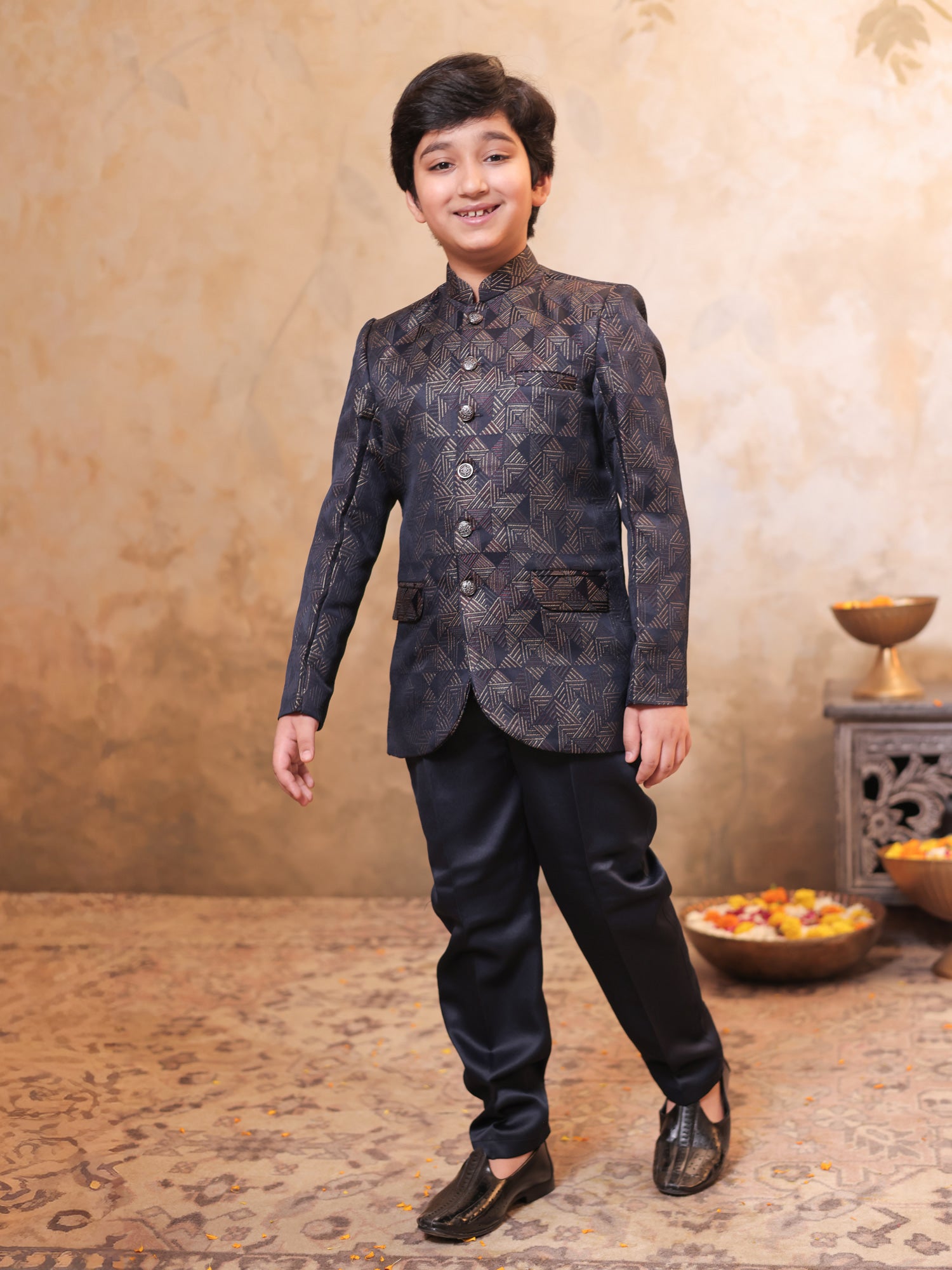 Boys Purple Jacquard Full Sleeves Embroidery Sherwani