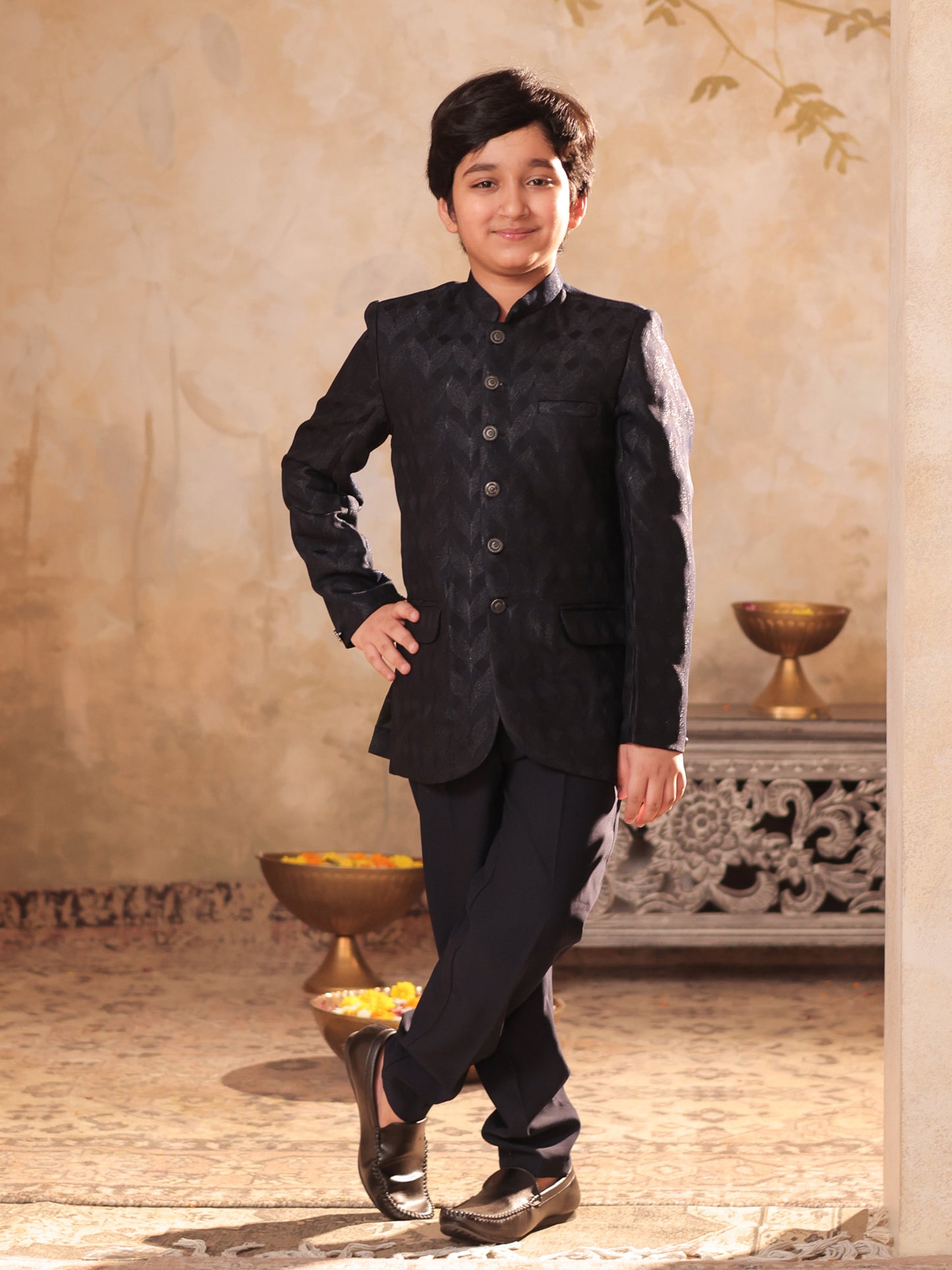 Boys Black Jacquard Full Sleeves Sequins and Embroidery Sherwani