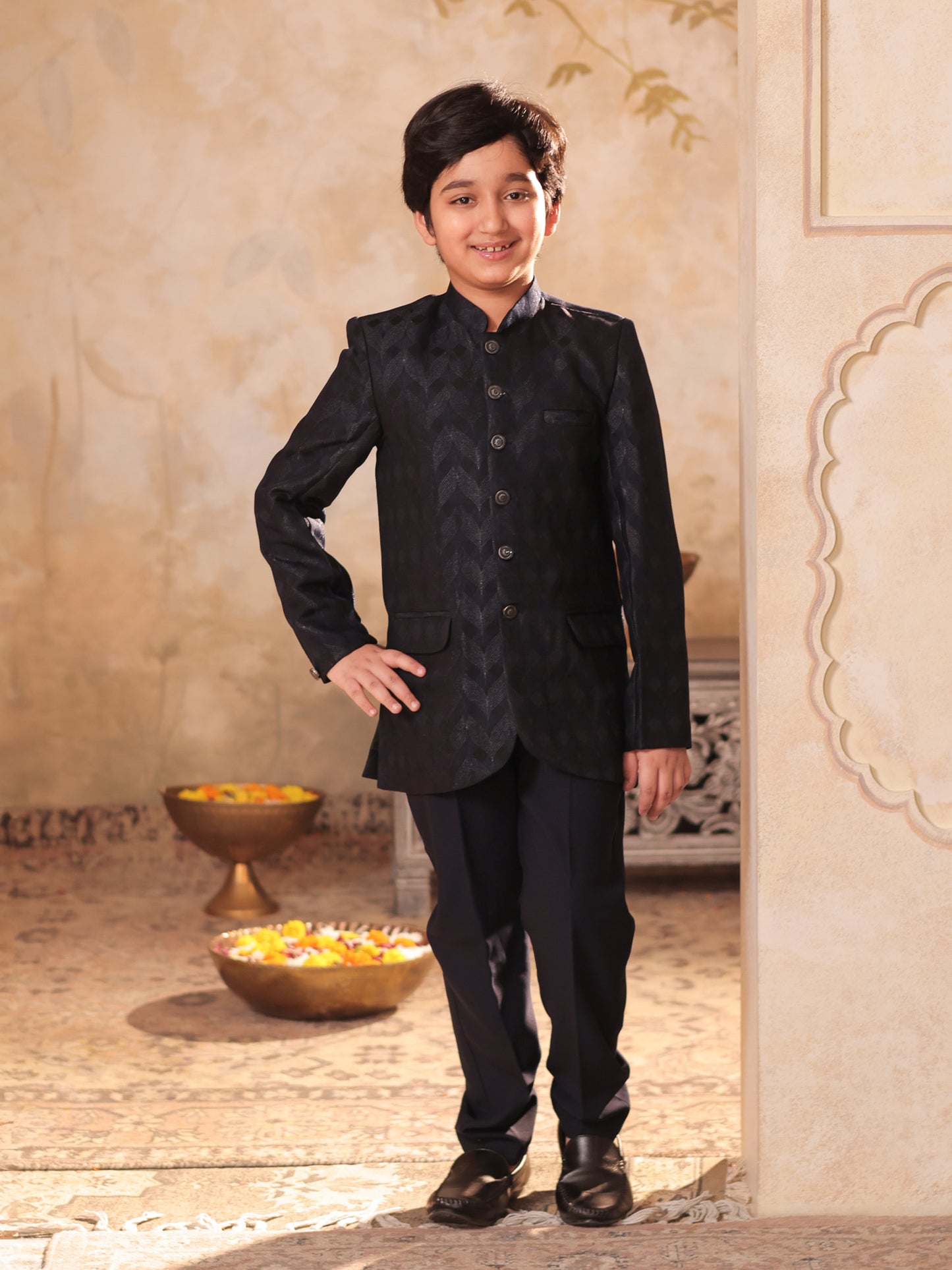 Boys Black Jacquard Full Sleeves Sequins and Embroidery Sherwani
