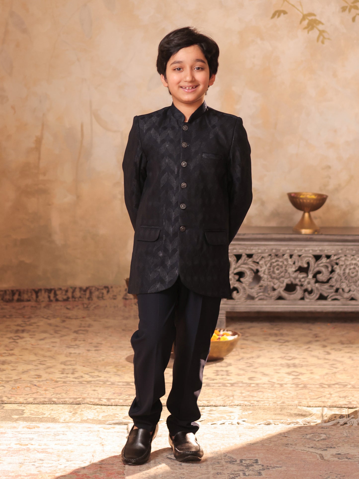 Boys Black Jacquard Full Sleeves Sequins and Embroidery Sherwani