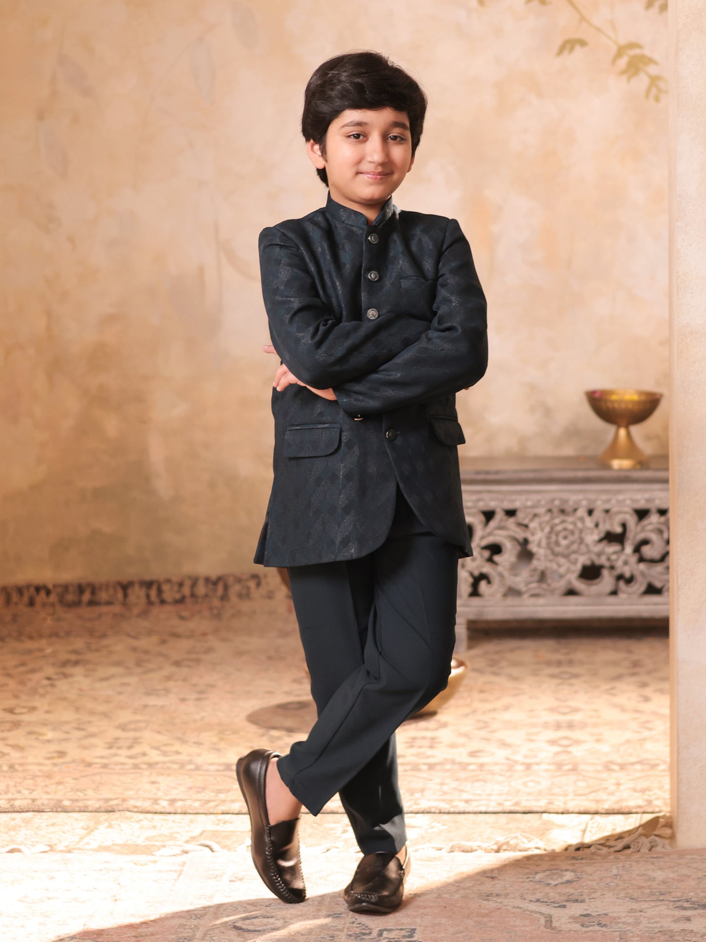 Boys Blue Jacquard Full Sleeves Sequins and Embroidery Sherwani