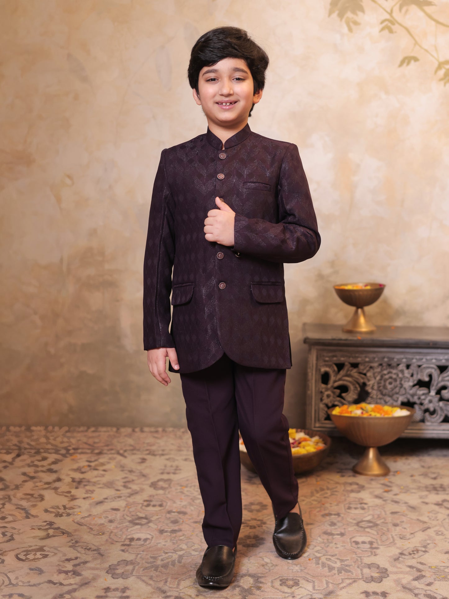 Boys Maroon Jacquard Full Sleeves Sequins and Embroidery Sherwani