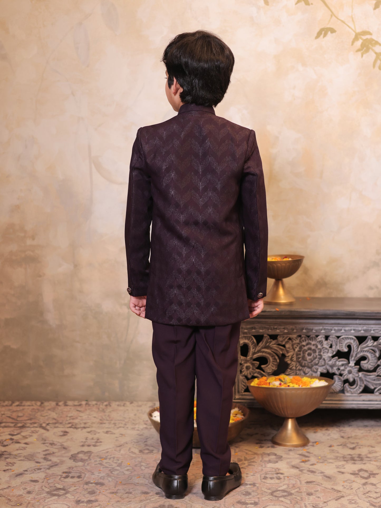 Boys Maroon Jacquard Full Sleeves Sequins and Embroidery Sherwani