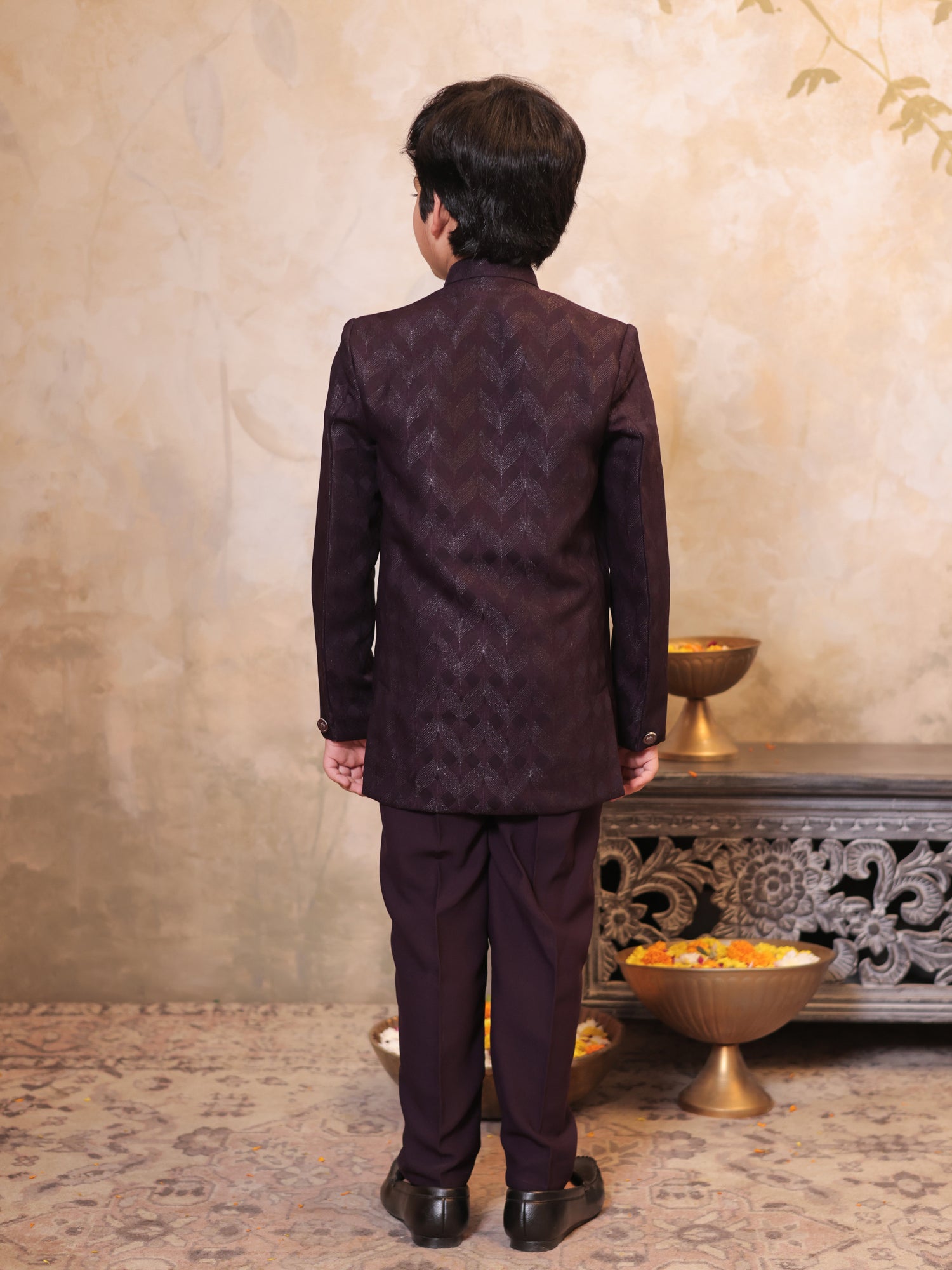 Boys Maroon Jacquard Full Sleeves Sequins and Embroidery Sherwani