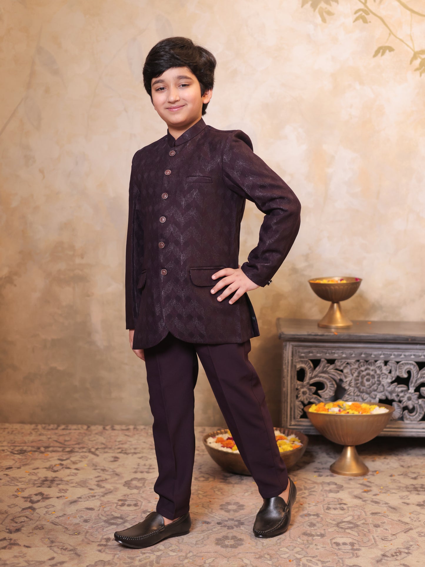 Boys Maroon Jacquard Full Sleeves Sequins and Embroidery Sherwani