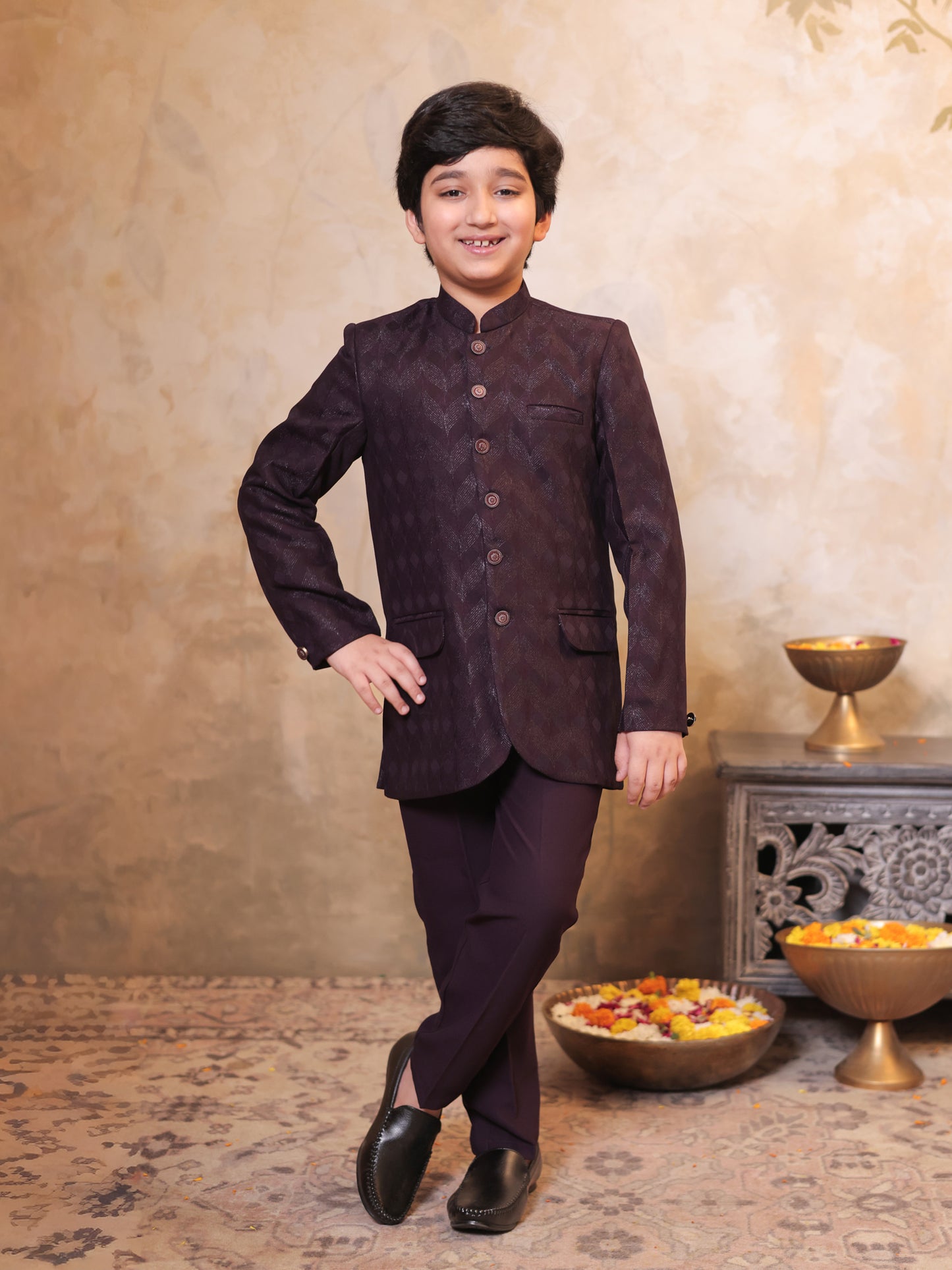 Boys Maroon Jacquard Full Sleeves Sequins and Embroidery Sherwani