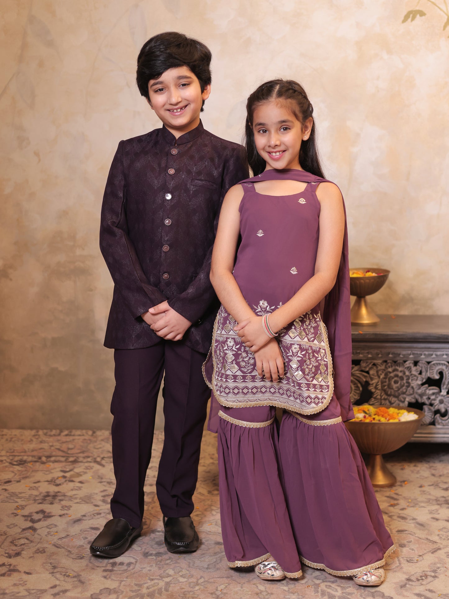 Boys Maroon Jacquard Full Sleeves Sequins and Embroidery Sherwani