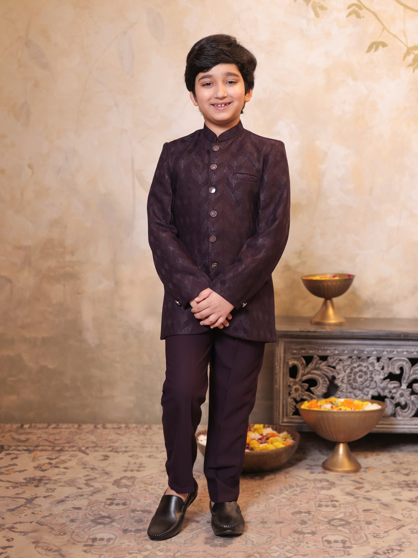 Boys Maroon Jacquard Full Sleeves Sequins and Embroidery Sherwani