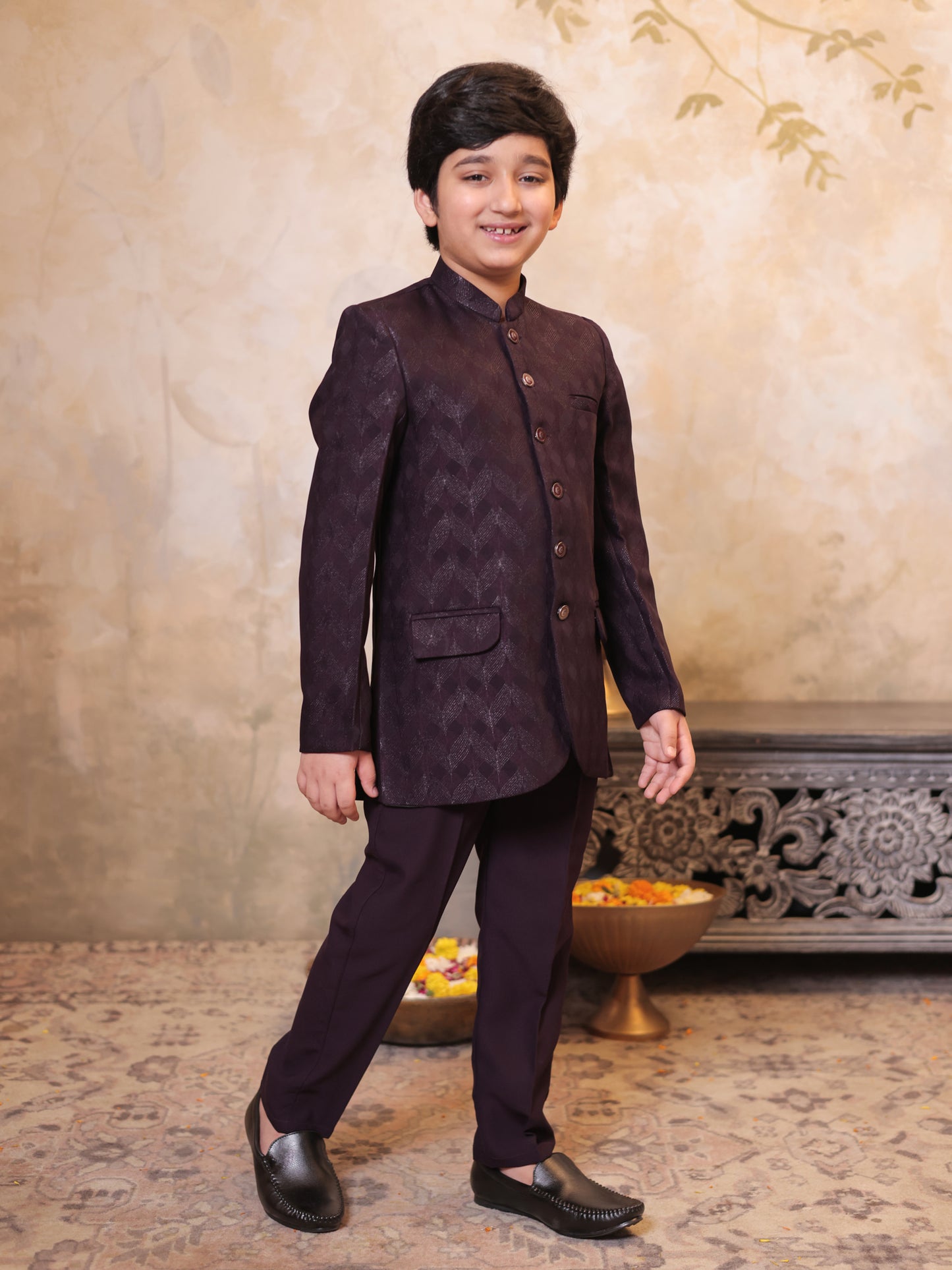 Boys Maroon Jacquard Full Sleeves Sequins and Embroidery Sherwani
