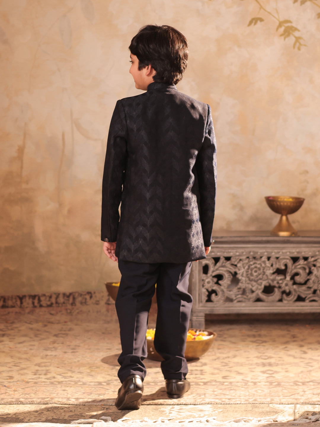 NAVY-BLUE Jacquard Full Sleeves Sequins and Embroidery Sherwani