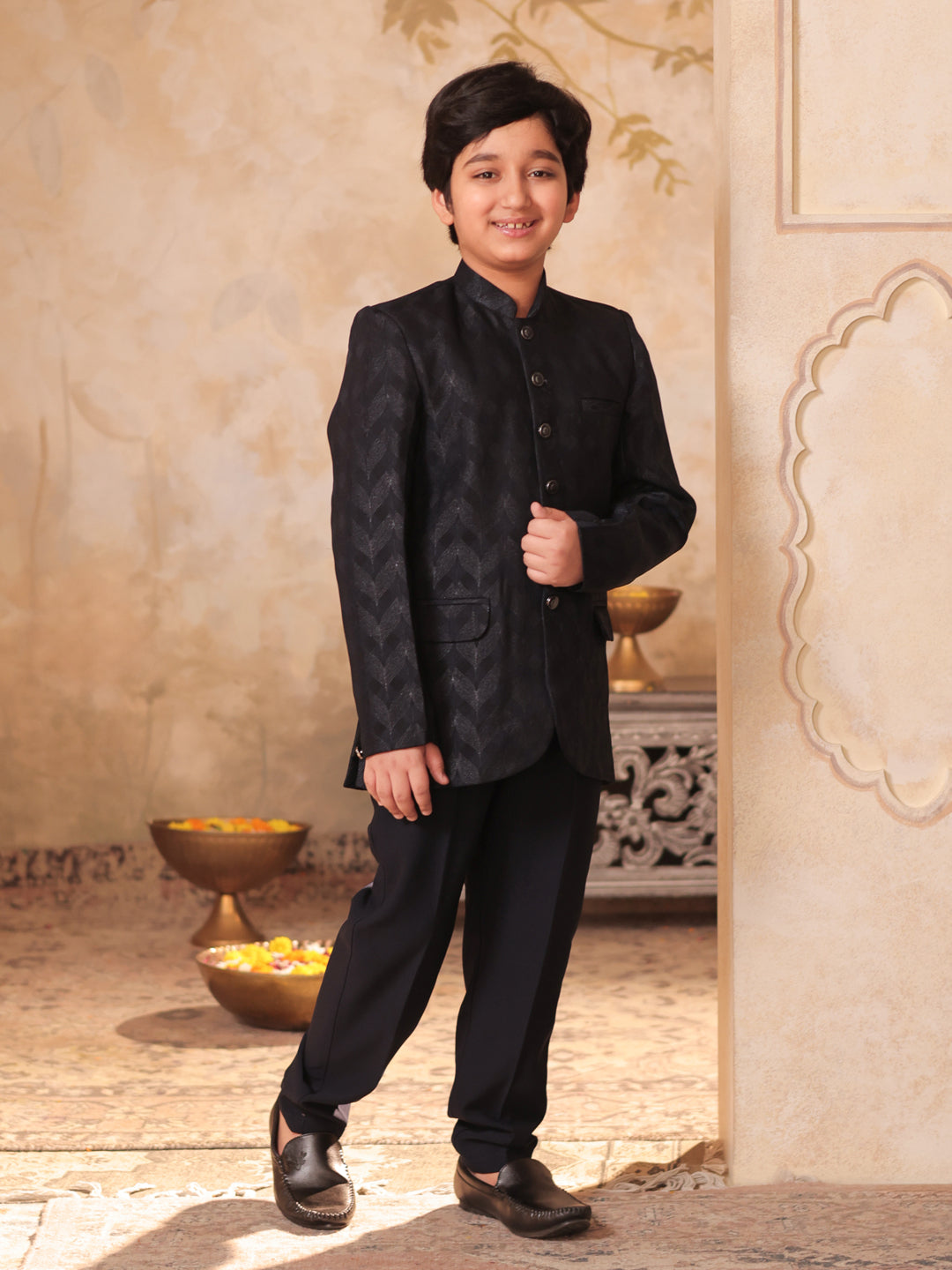 NAVY-BLUE Jacquard Full Sleeves Sequins and Embroidery Sherwani