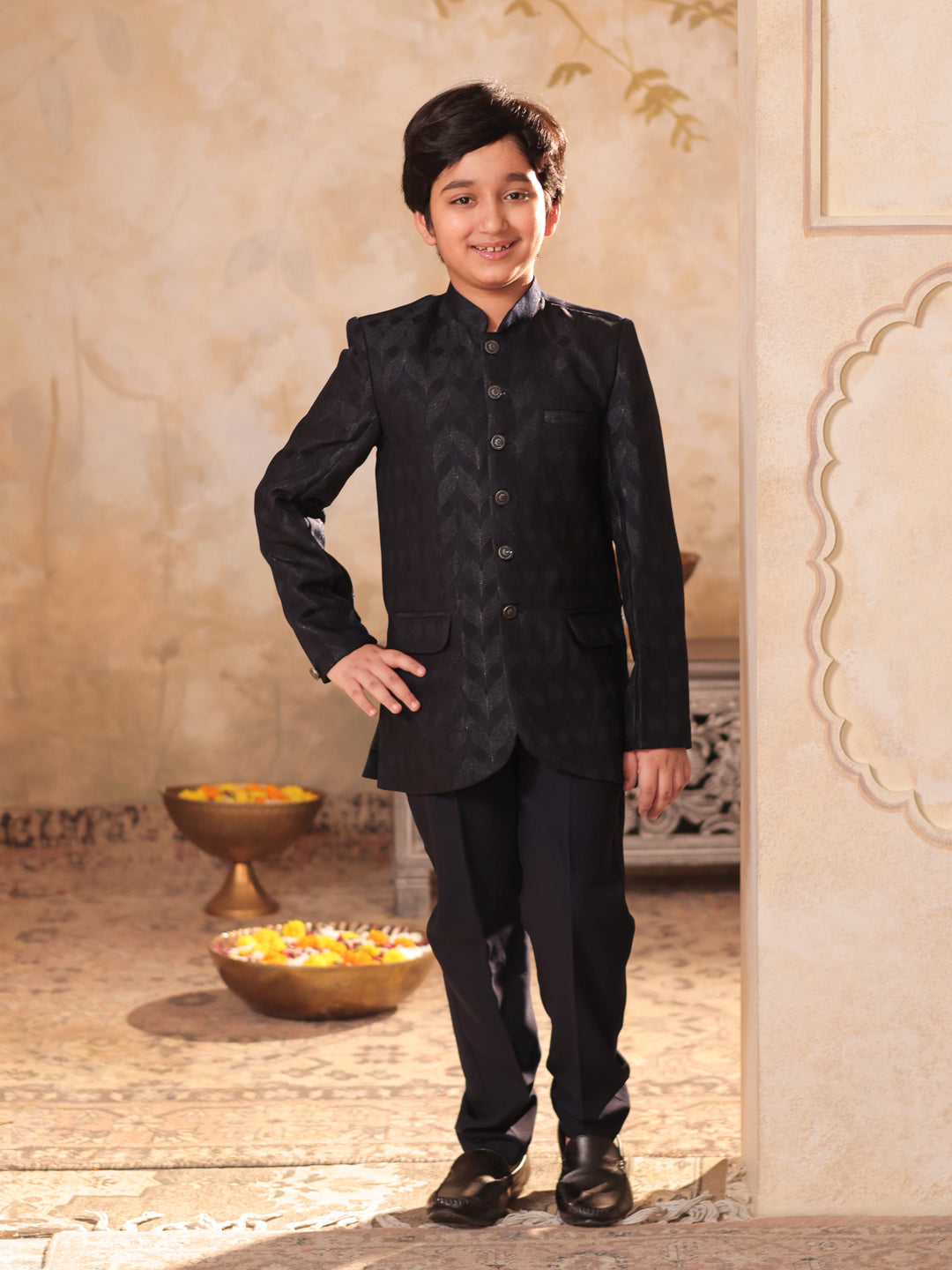 NAVY-BLUE Jacquard Full Sleeves Sequins and Embroidery Sherwani