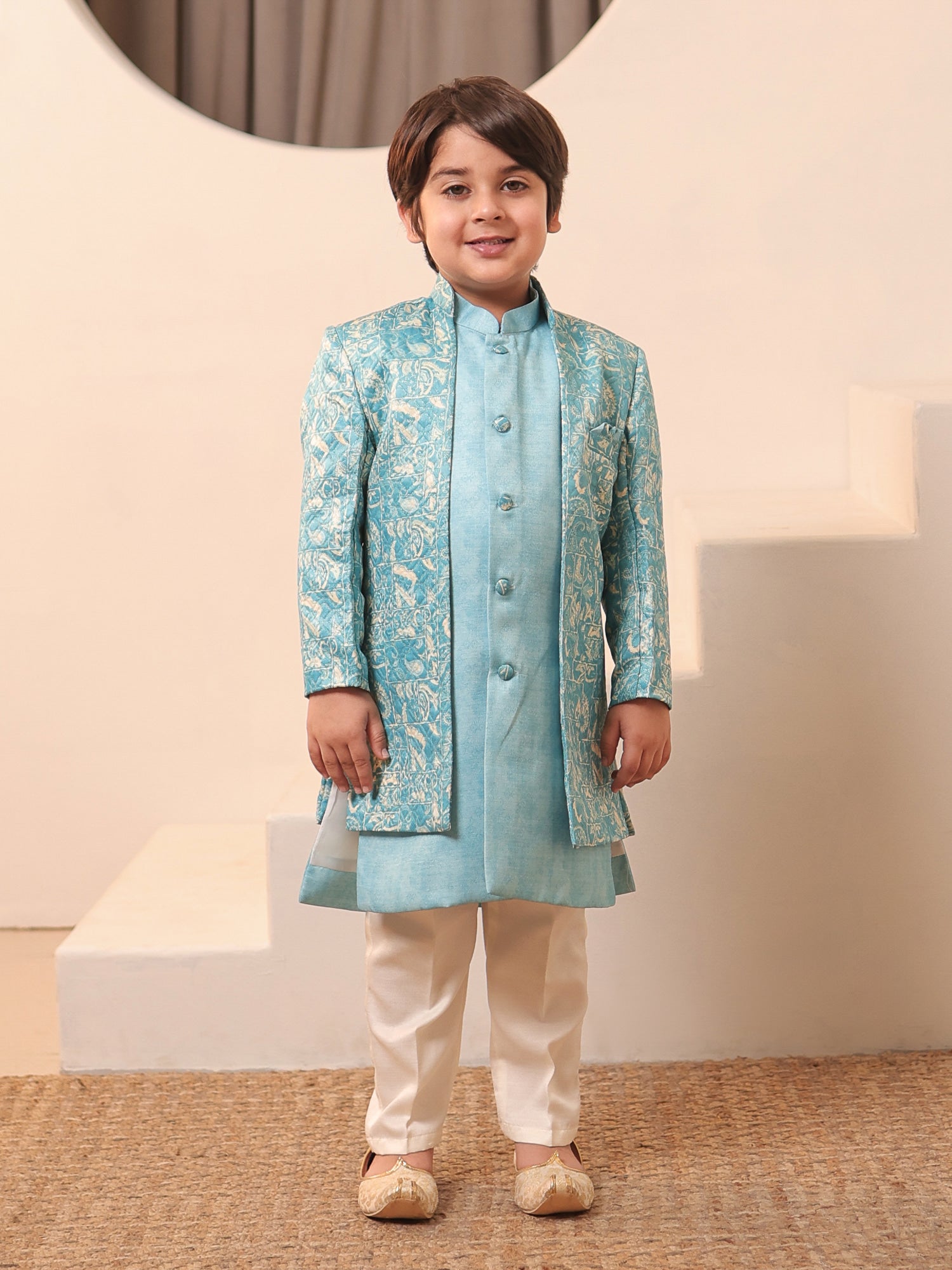 Boys Blue Jacquard Full Sleeves Rich Embroidery Sherwani