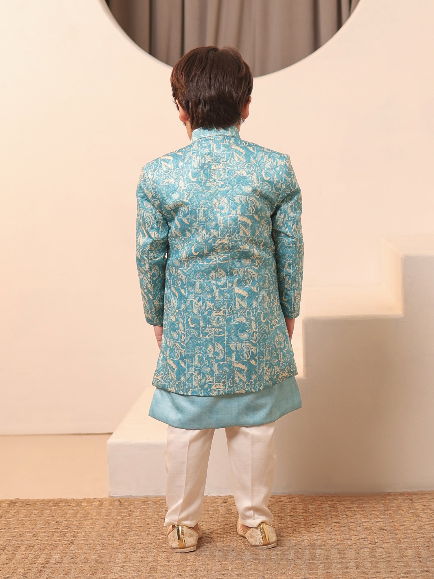 Boys Blue Jacquard Full Sleeves Rich Embroidery Sherwani