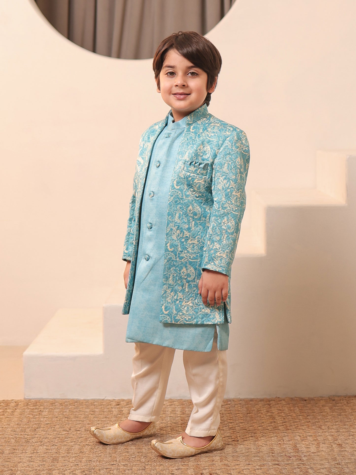 Boys Blue Jacquard Full Sleeves Rich Embroidery Sherwani