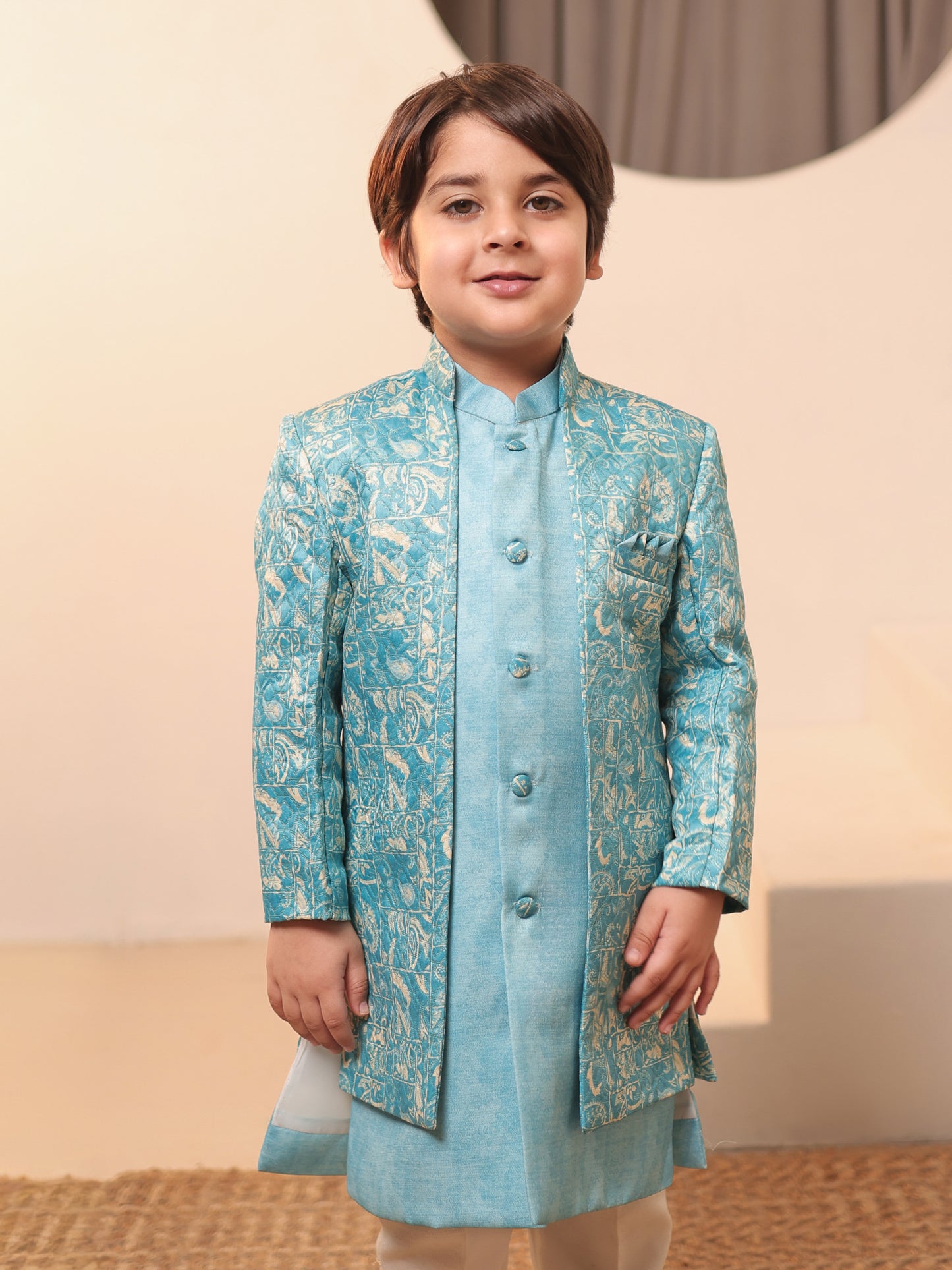Boys Blue Jacquard Full Sleeves Rich Embroidery Sherwani