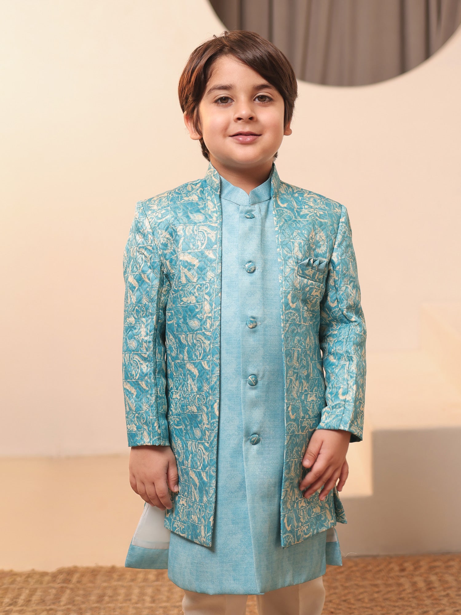 Boys Blue Jacquard Full Sleeves Rich Embroidery Sherwani