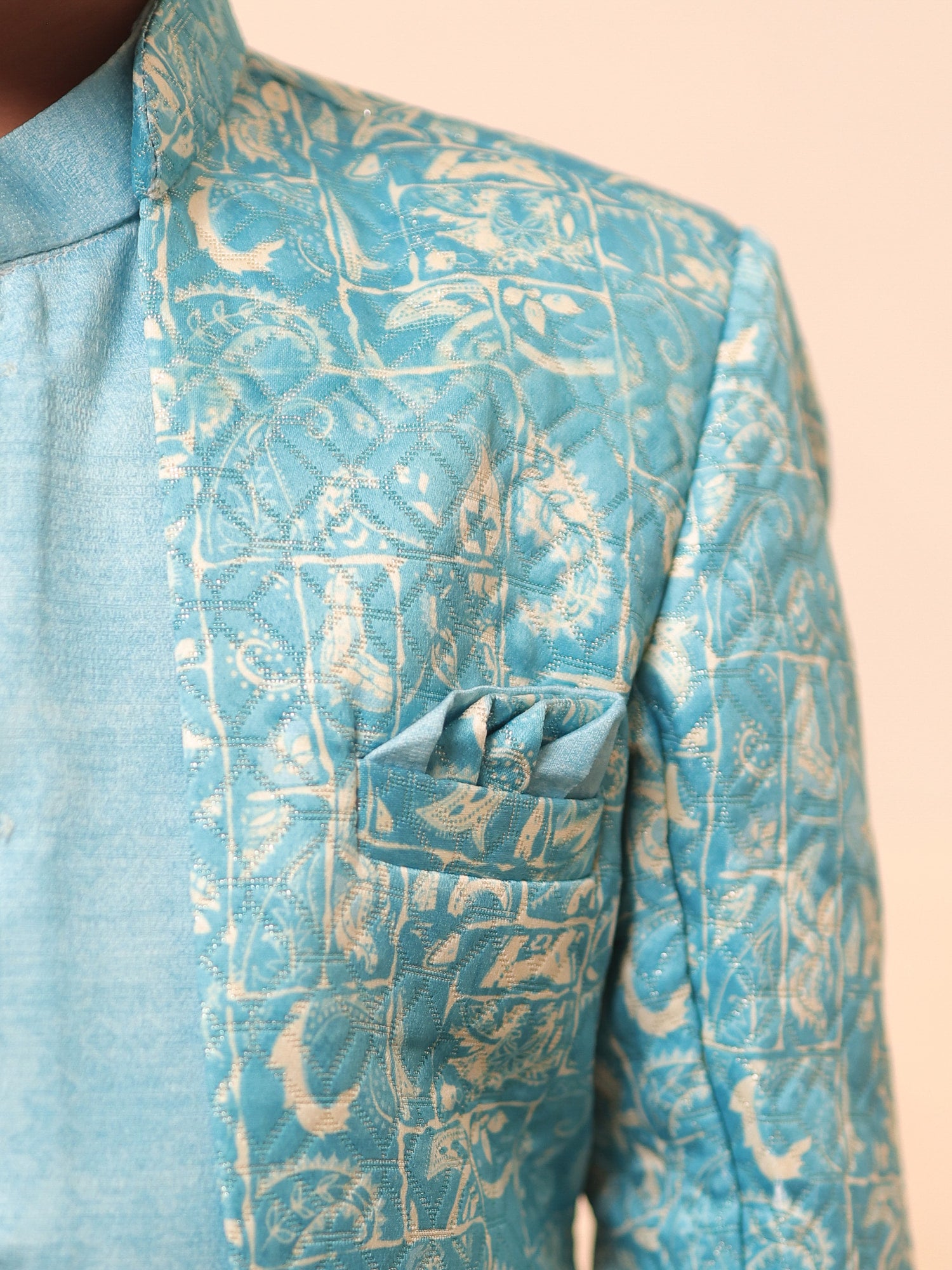 Boys Blue Jacquard Full Sleeves Rich Embroidery Sherwani