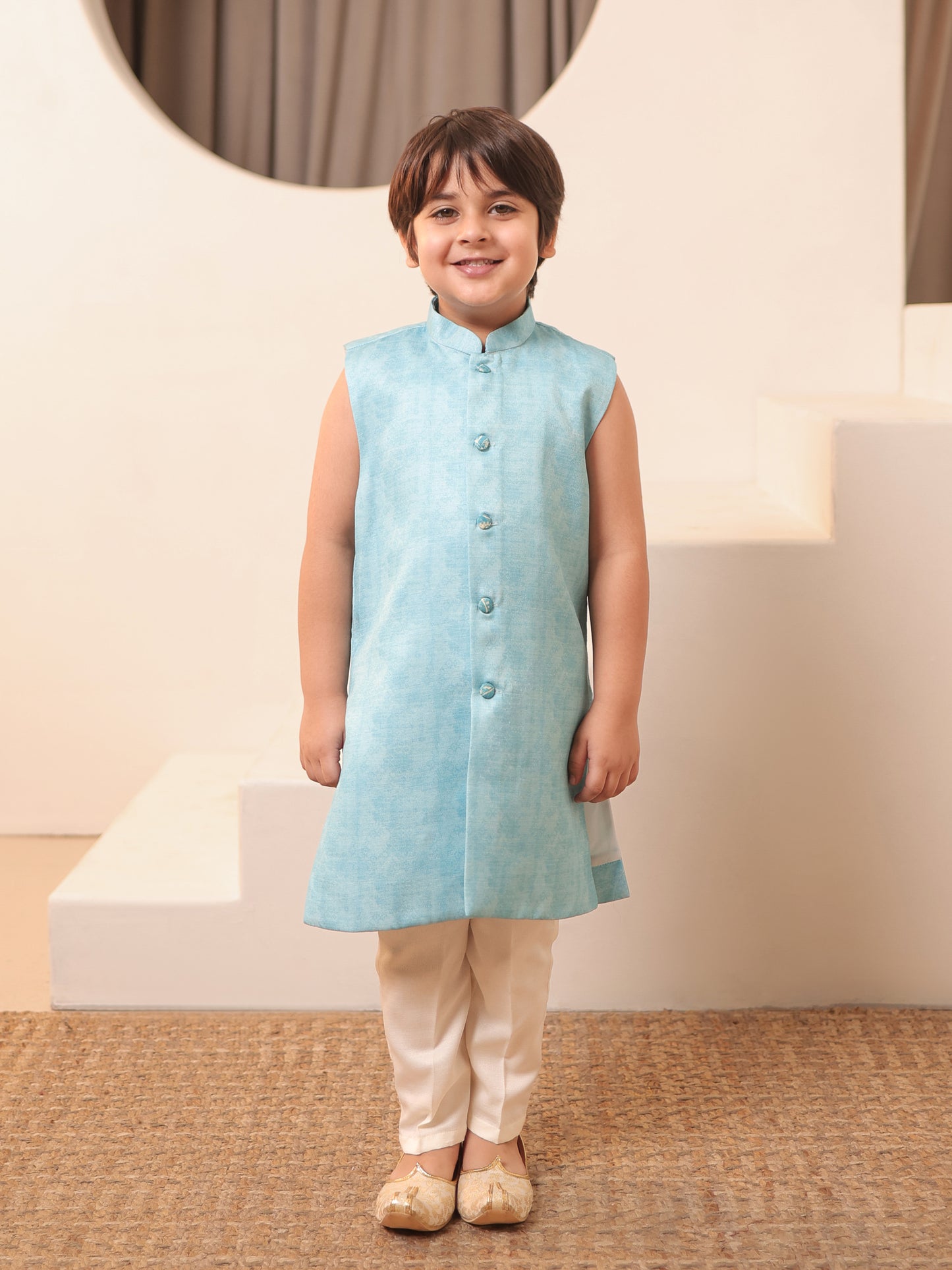 Boys Blue Jacquard Full Sleeves Rich Embroidery Sherwani