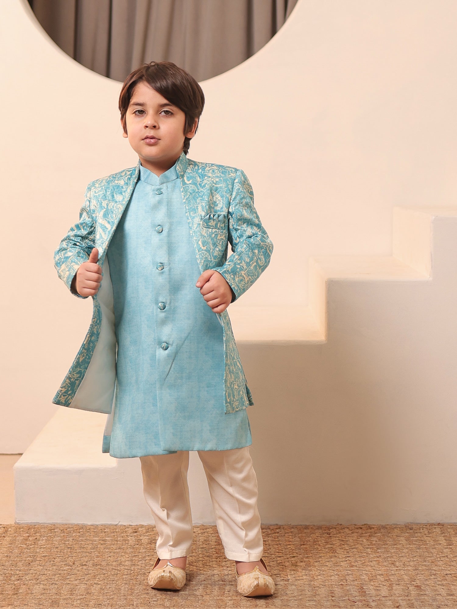 Boys Blue Jacquard Full Sleeves Rich Embroidery Sherwani