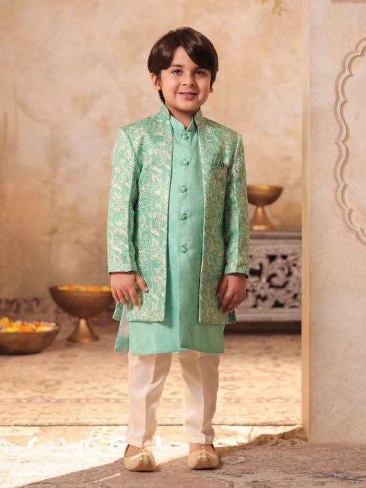 Boys Green Jacquard Full Sleeves Rich Embroidery Sherwani