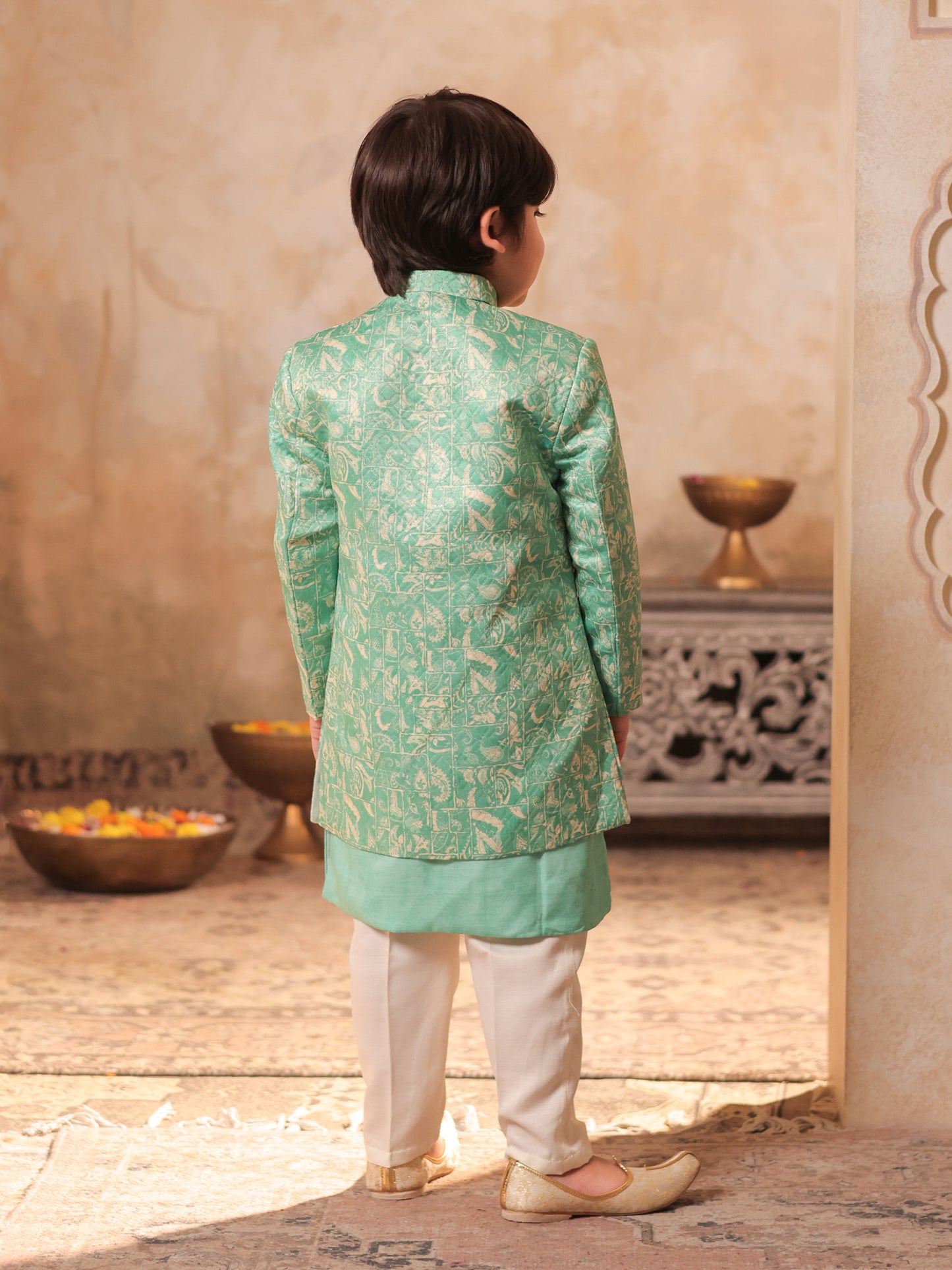 Boys Green Jacquard Full Sleeves Rich Embroidery Sherwani