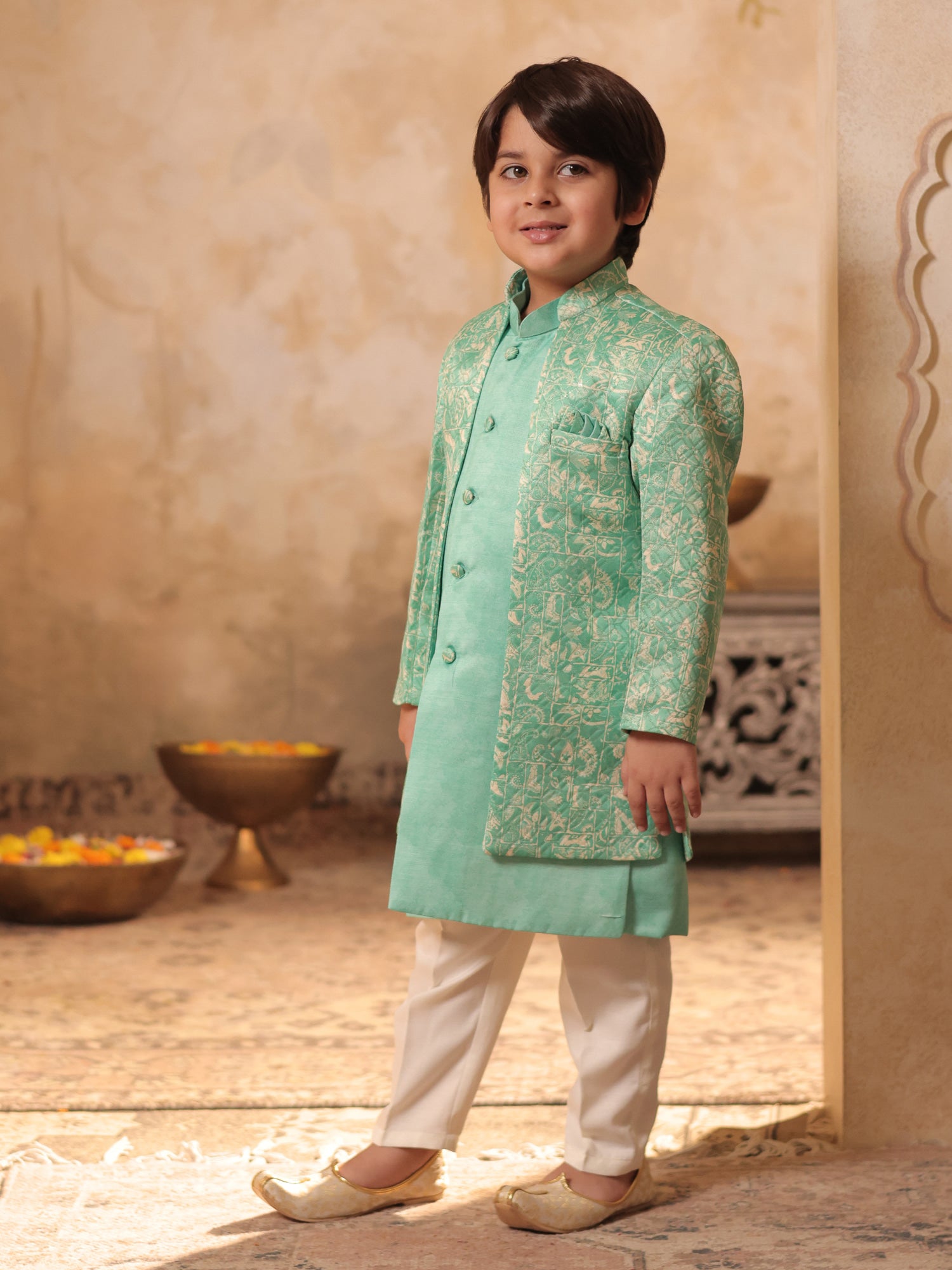 Boys Green Jacquard Full Sleeves Rich Embroidery Sherwani