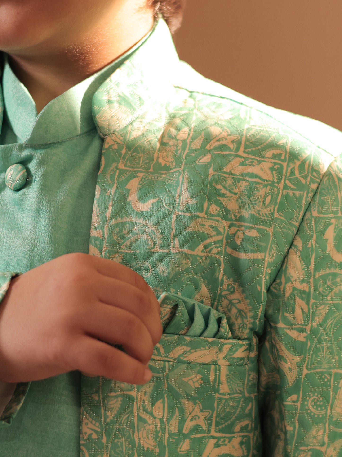 Boys Green Jacquard Full Sleeves Rich Embroidery Sherwani