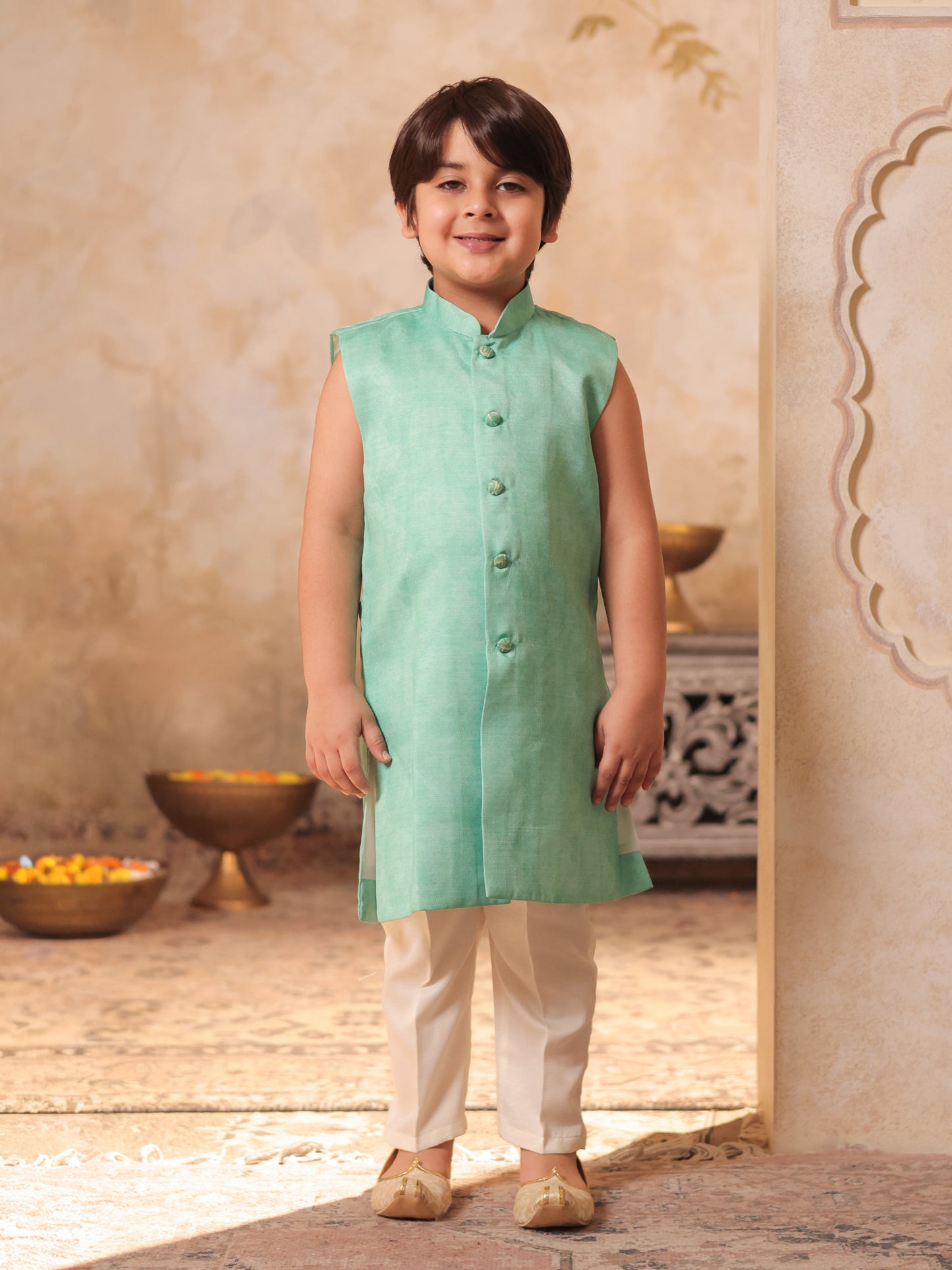 Boys Green Jacquard Full Sleeves Rich Embroidery Sherwani