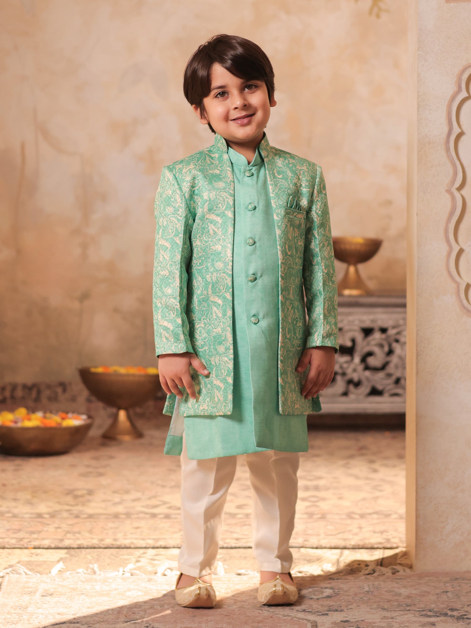 Boys Green Jacquard Full Sleeves Rich Embroidery Sherwani