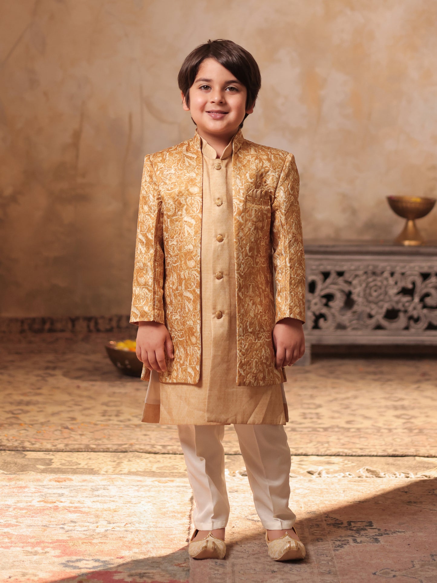 Boys Yellow Jacquard Full Sleeves Rich Embroidery Sherwani