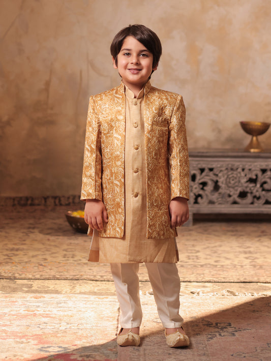 Boys Yellow Jacquard Full Sleeves Rich Embroidery Sherwani