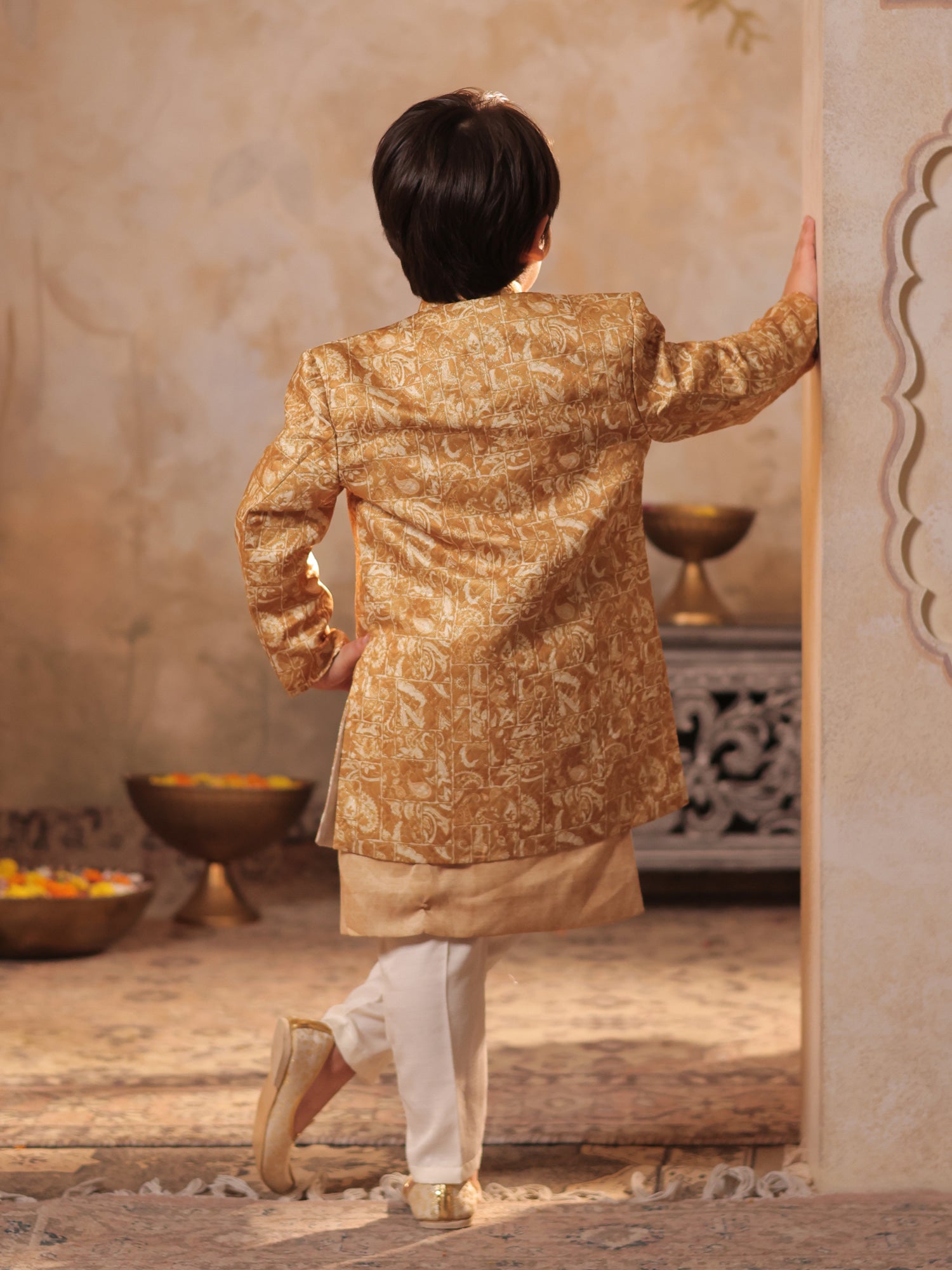 Boys Yellow Jacquard Full Sleeves Rich Embroidery Sherwani