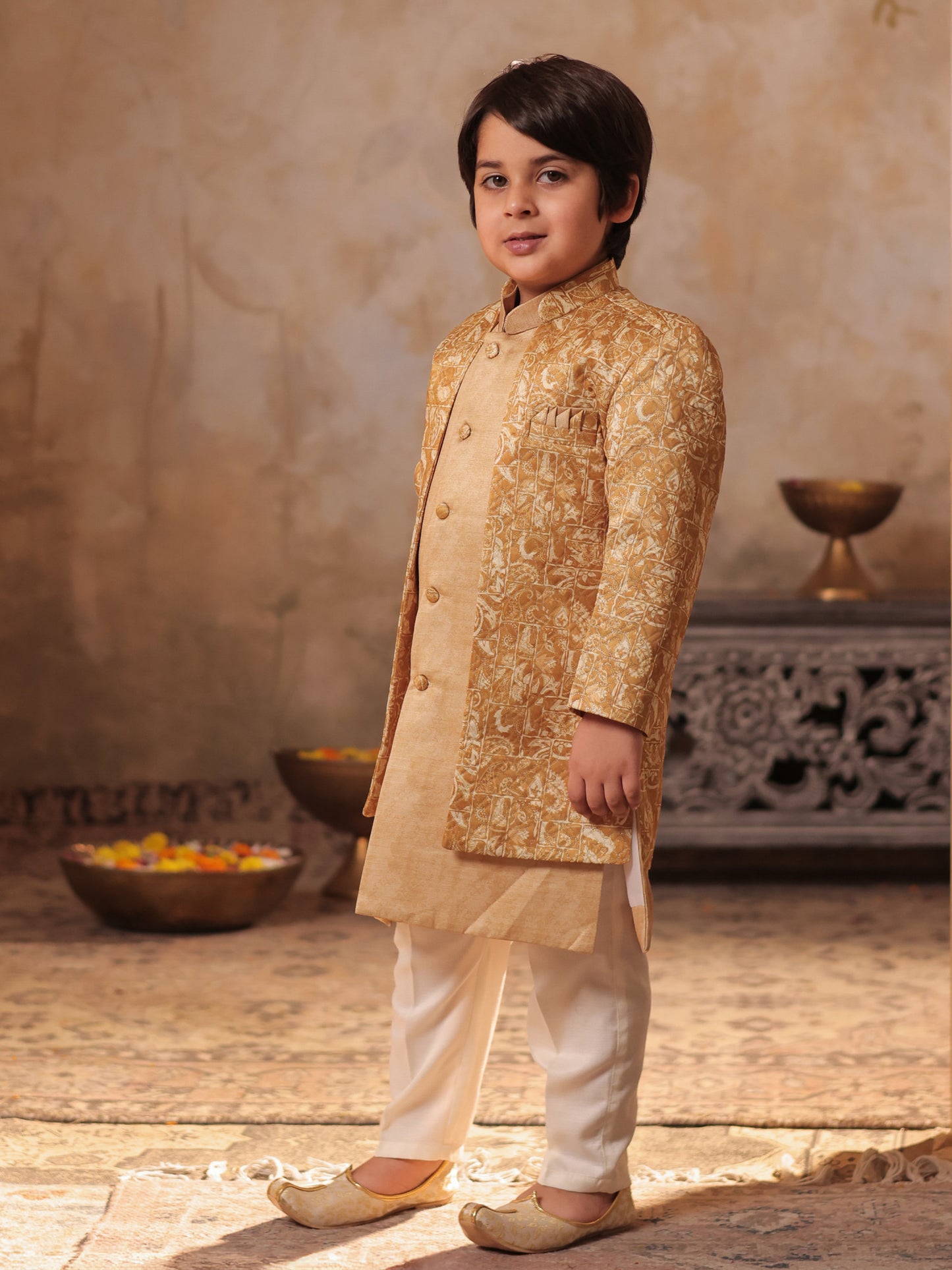 Boys Yellow Jacquard Full Sleeves Rich Embroidery Sherwani