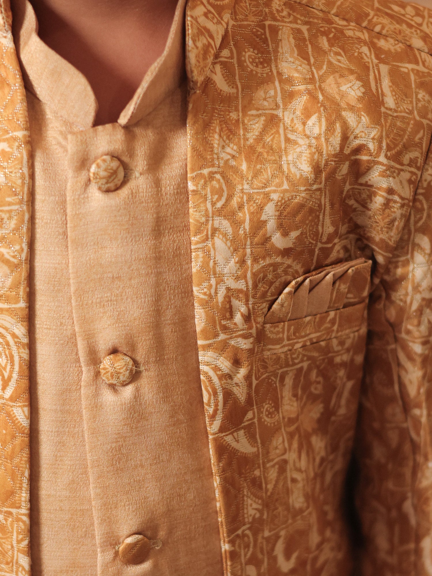 Boys Yellow Jacquard Full Sleeves Rich Embroidery Sherwani