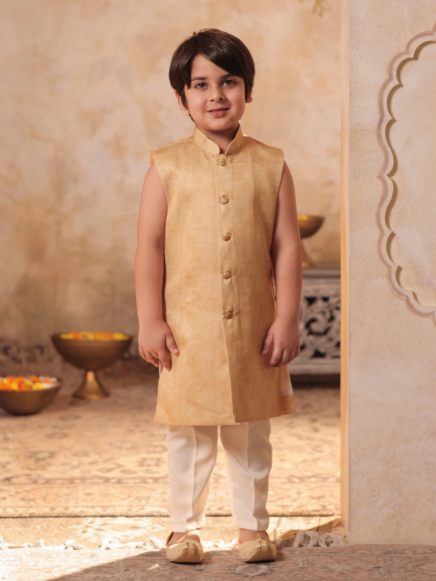 Boys Yellow Jacquard Full Sleeves Rich Embroidery Sherwani