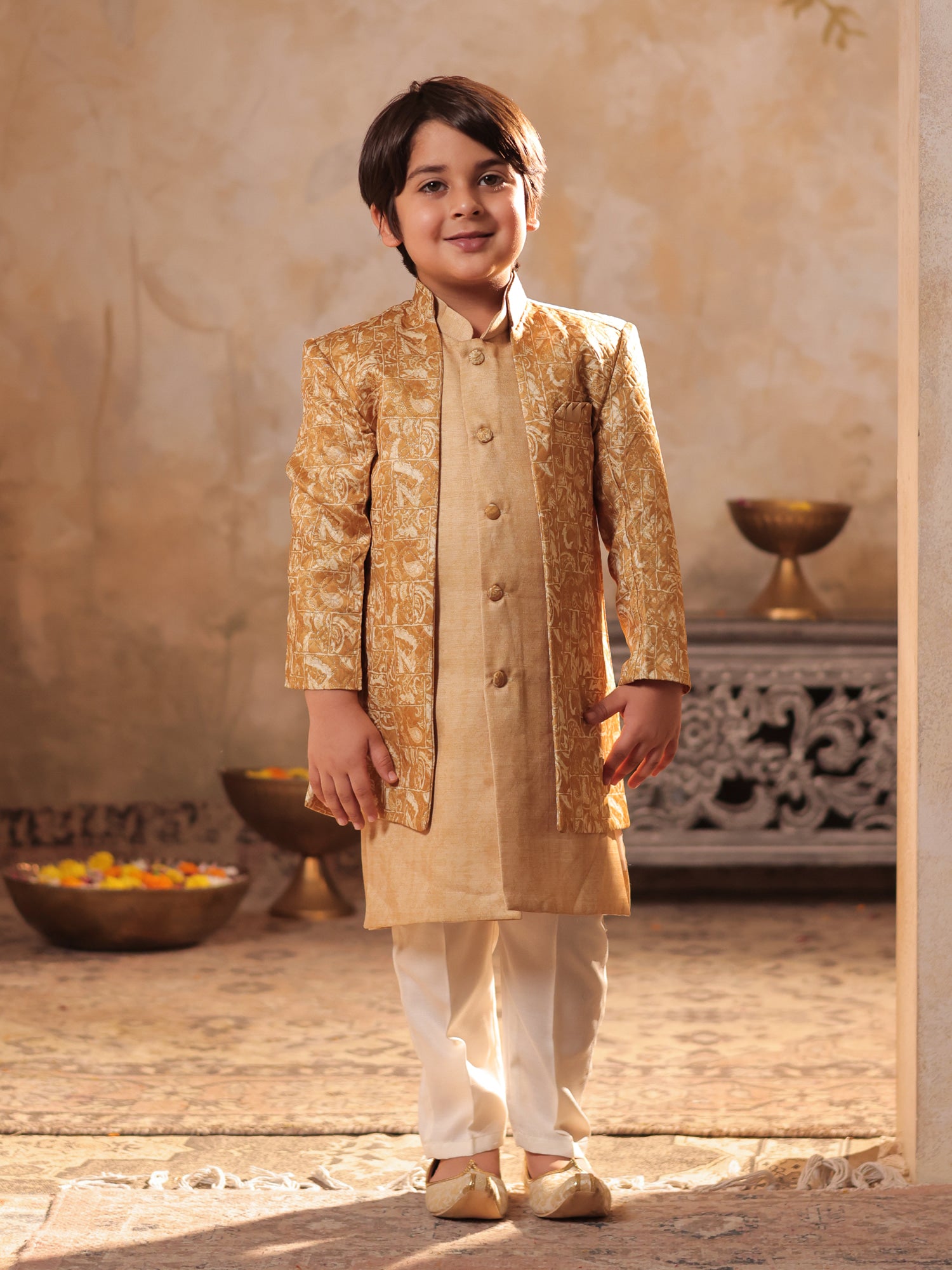 Boys Yellow Jacquard Full Sleeves Rich Embroidery Sherwani